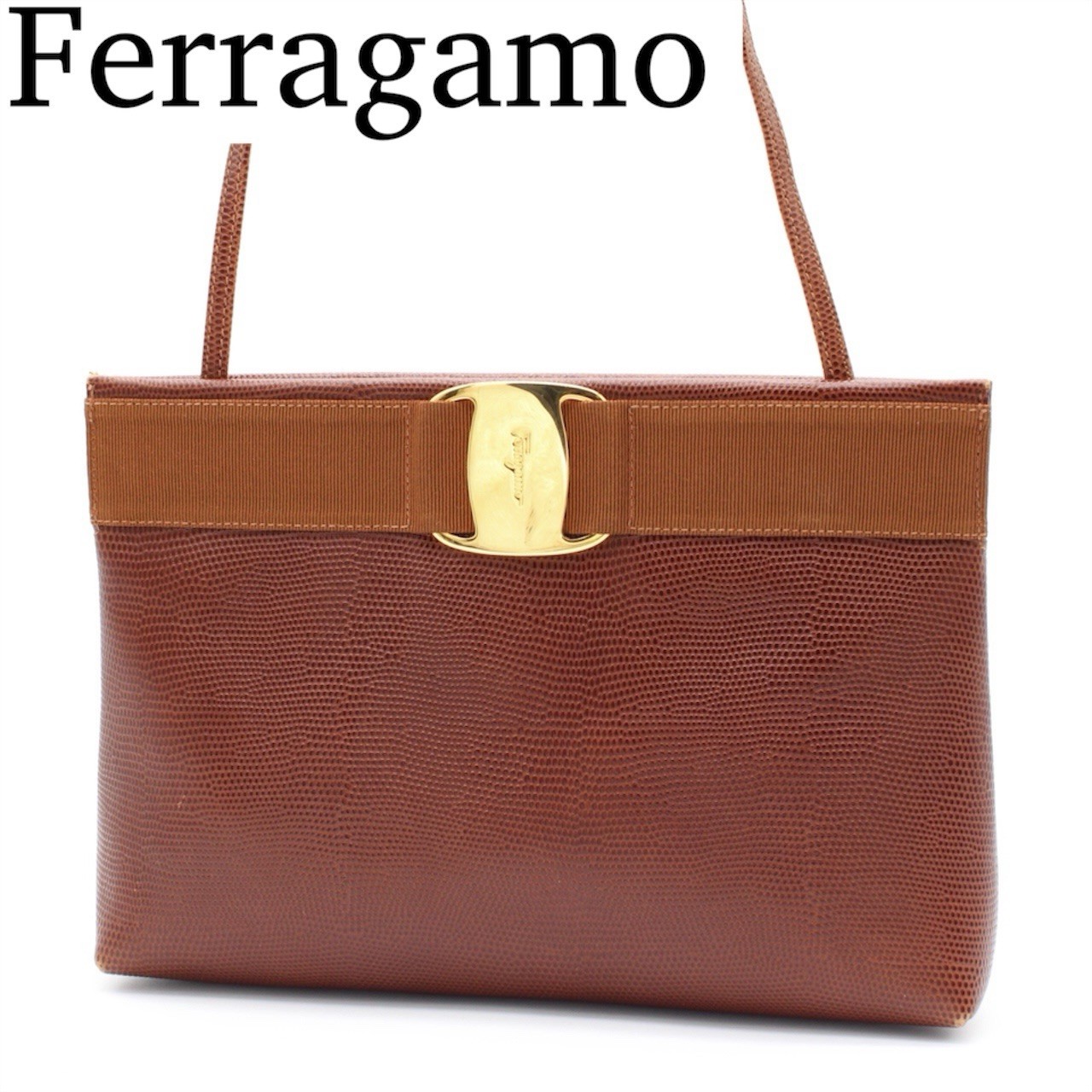 Salvatore Ferragamo Vara Ribbon Shoulder Bag Leather Brown Gold Hardware