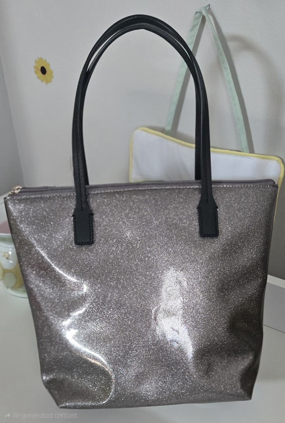 kate spade new york Silver Glitter Metallic Tote Bow Zip Double Handles Pockets