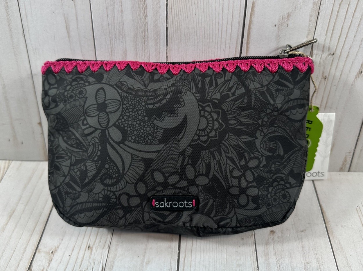 Sakroots Essential Medium Pouch, 9” X 5.5”, Black Floral Pattern, New With Tags