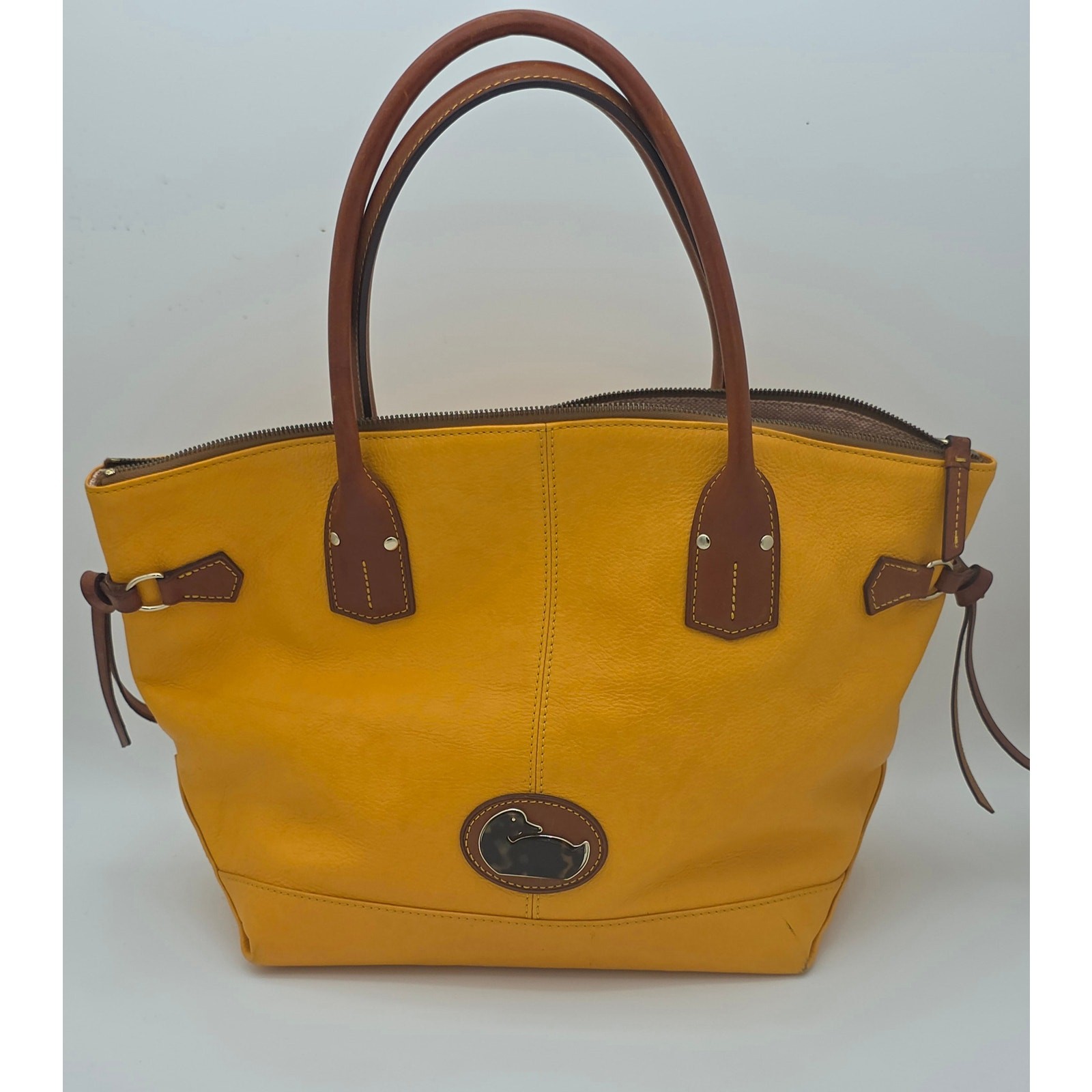Dooney & Bourke Yellow Leather Bucket Tote Cognac Trim Duck Logo Silver