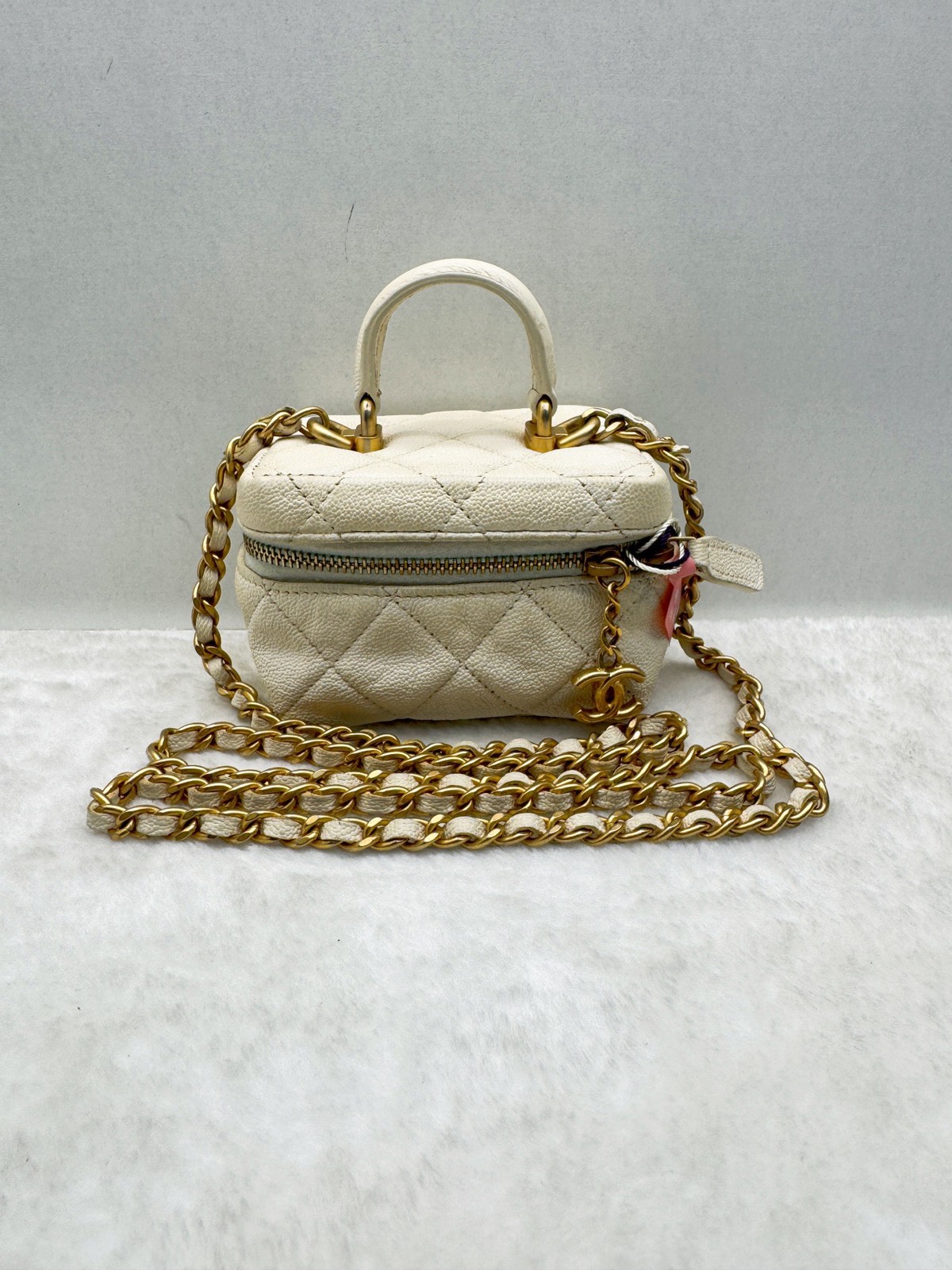 Chanel Vanity Case Bag Caviar Leather White Top Handle Chain Crossbody Bag