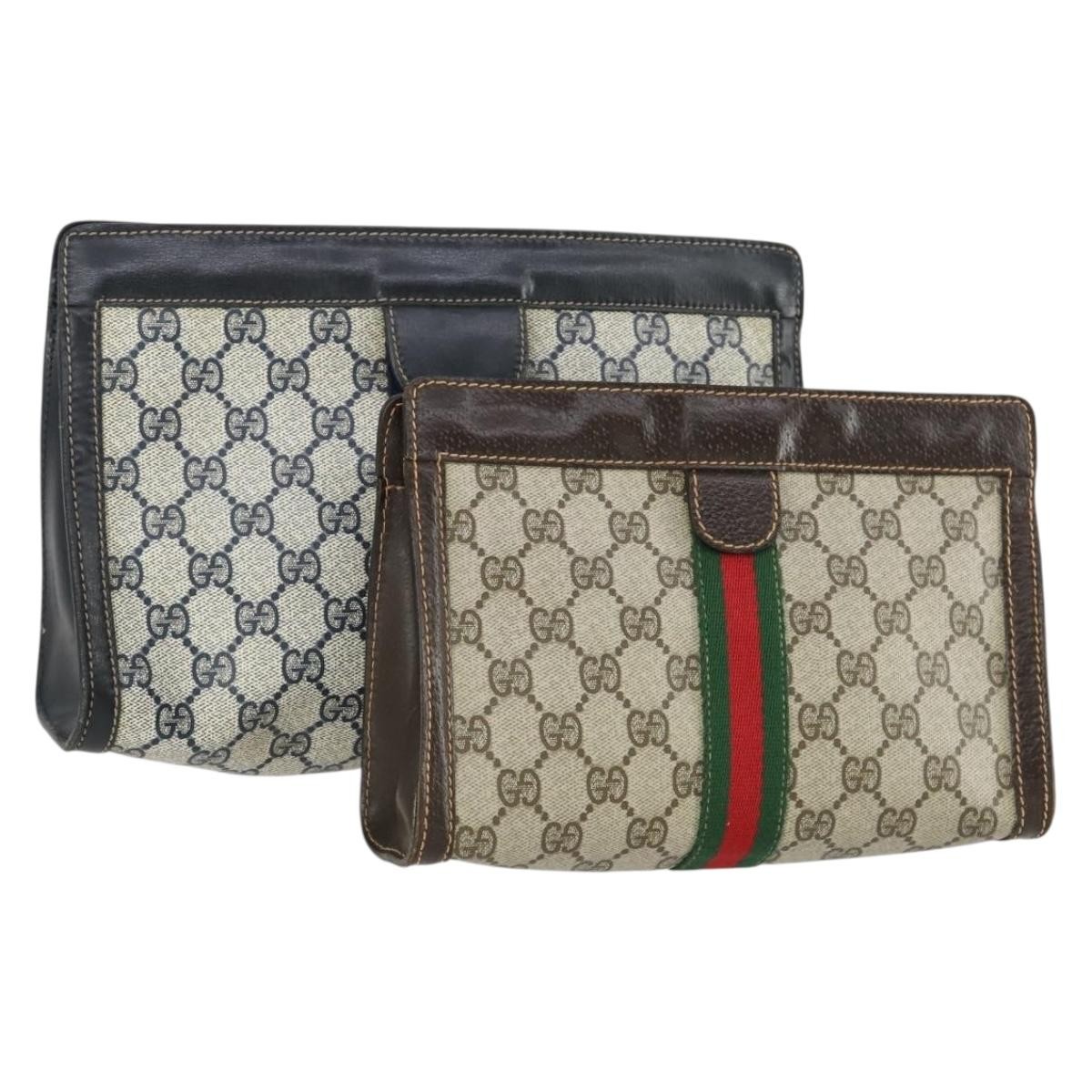 GUCCI GG Supreme Web Sherry Line Clutch Bag PVC 2 Set Navy Beige Auth ka472