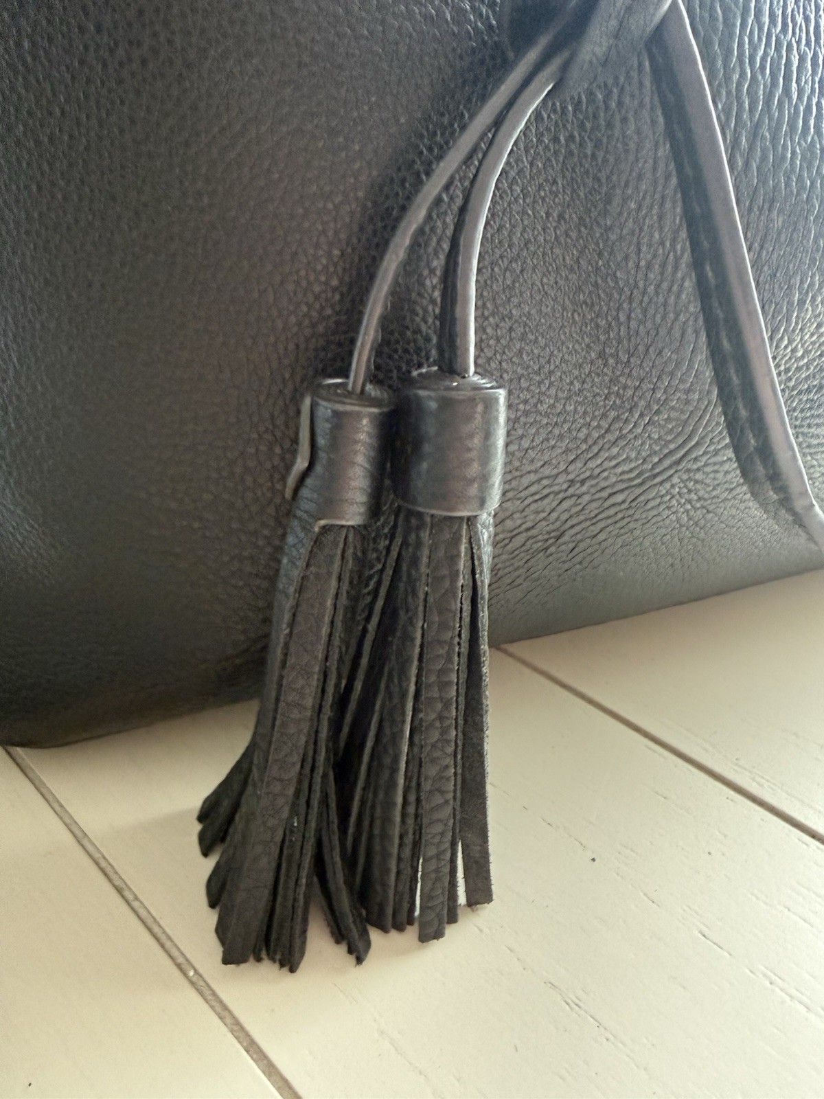 Tory Burch Large Black Pebbled Tote Bag Tassel Charm Gold Hardware Inner Pockets