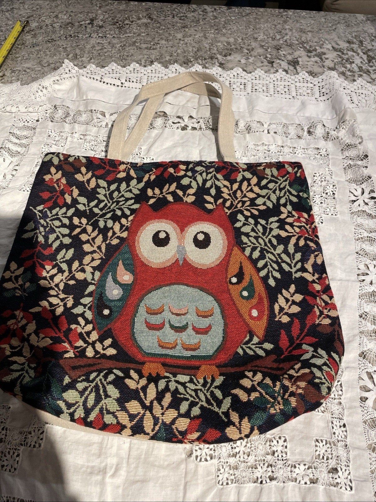 NWOT Bohemian Style Tapestry Owl Colorful Large Cotton Blend Tote 17 in x 16 in