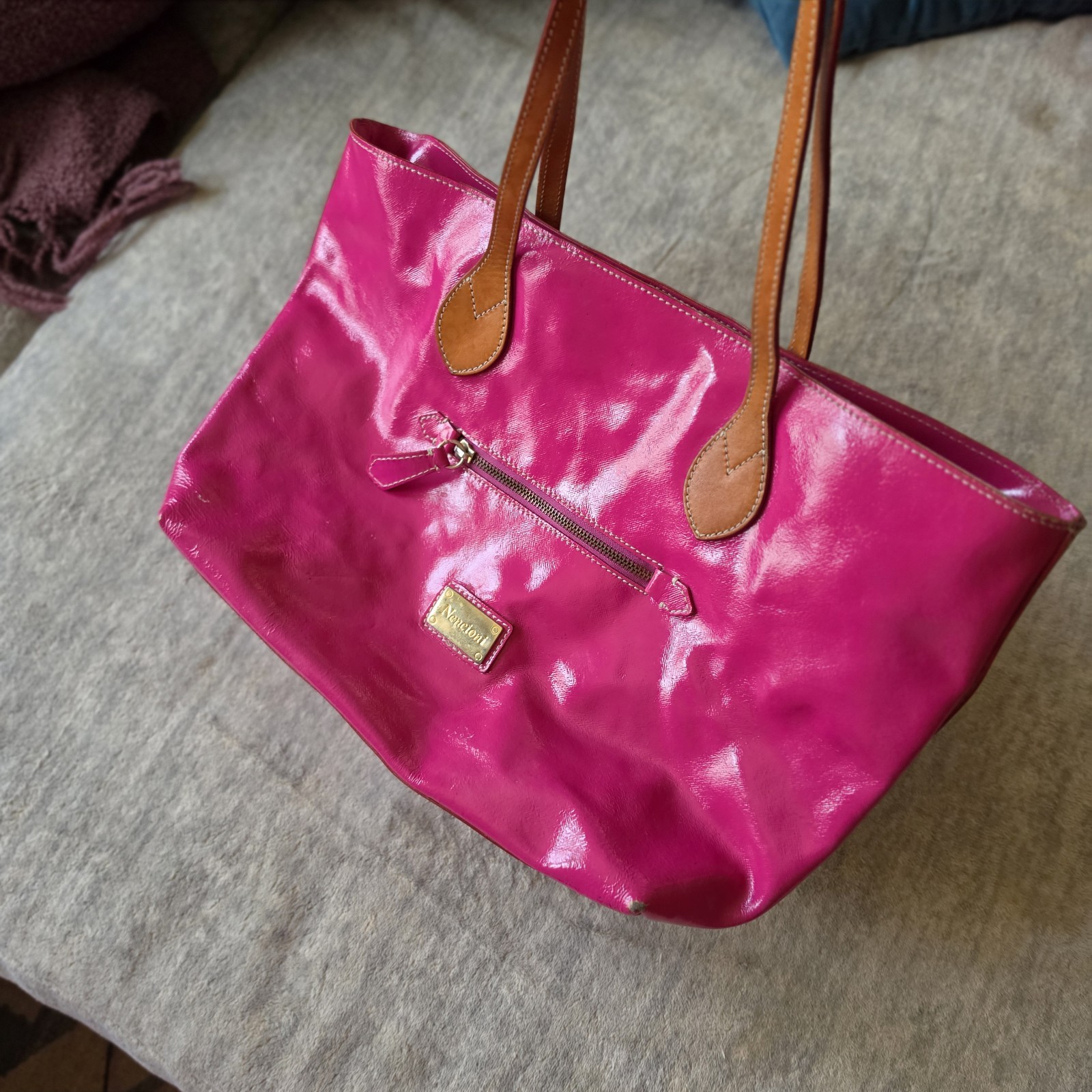 Nencioni Firenze Patent Leather Tote Bag Fuchsia Pink Made In Italy