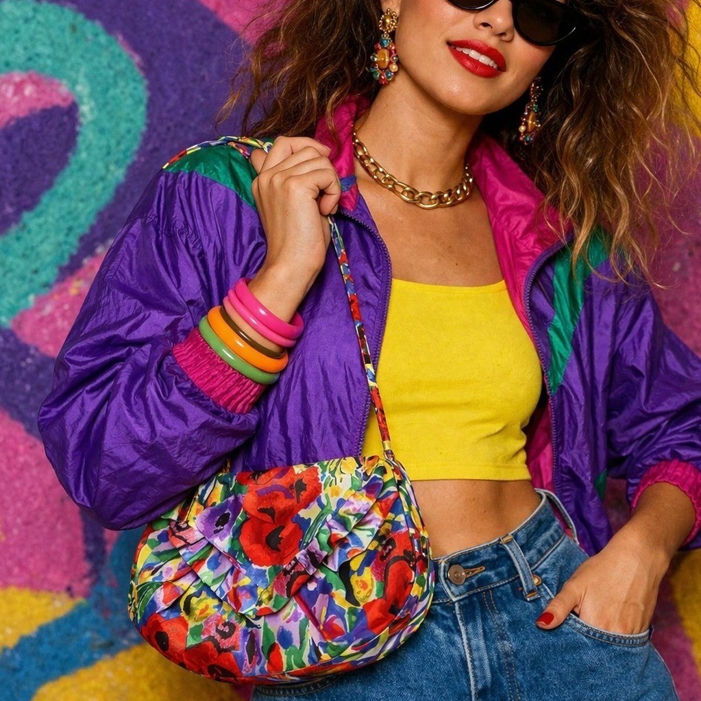 Vintage J. Reneé Floral Satin Shoulder Bag 80s 90s Colorful Hong Kong
