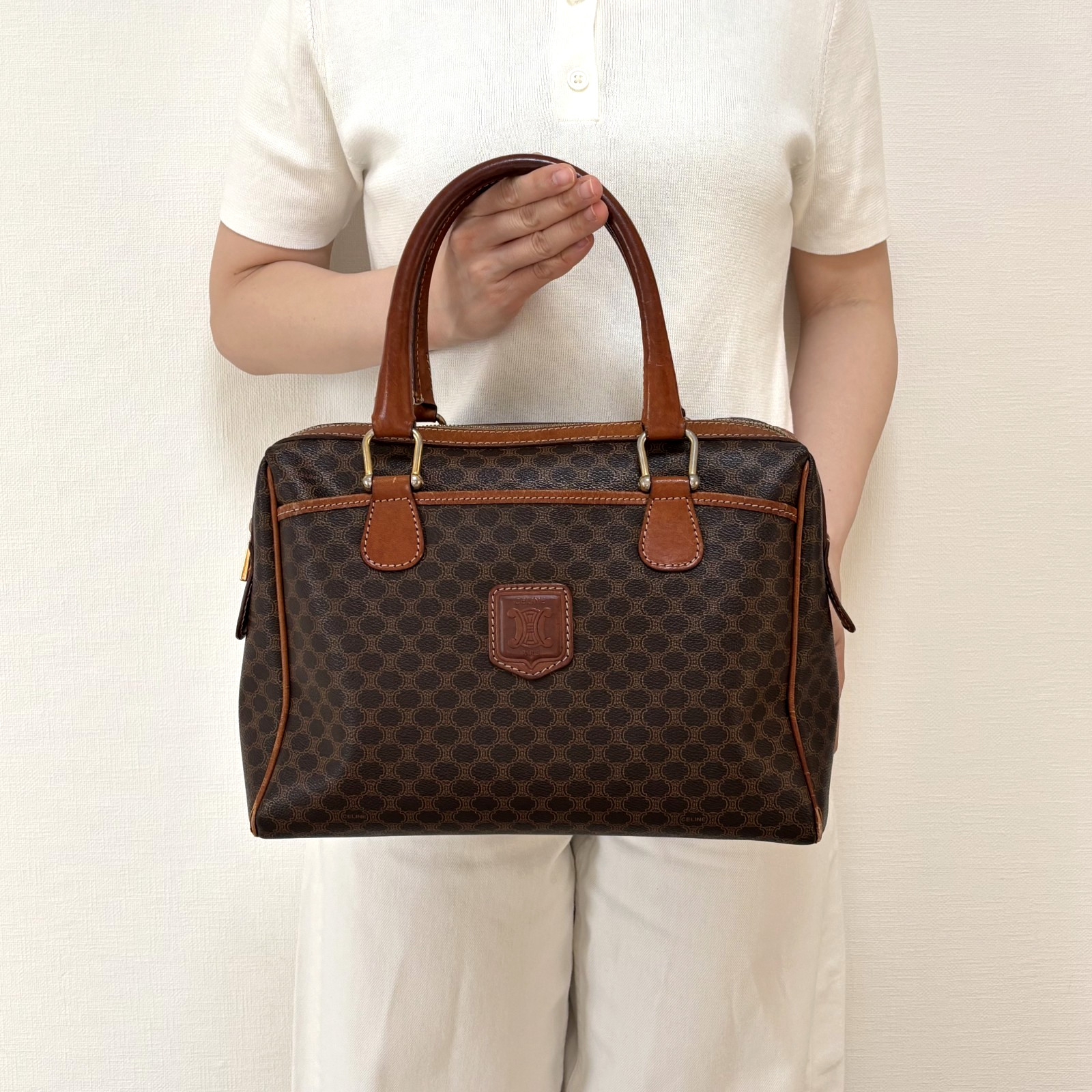 CELINE Vintage Boston Bag Handbag Macadam PVC Leather Brown