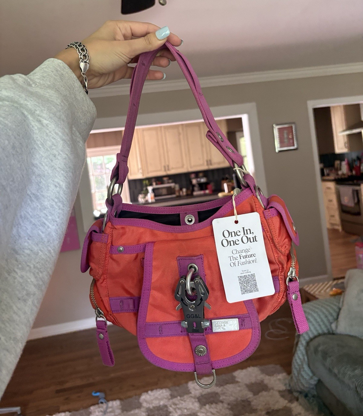 George Gina & Lucy Small Crescent Shoulder Bag Orange/Purple Zip Pockets Charm