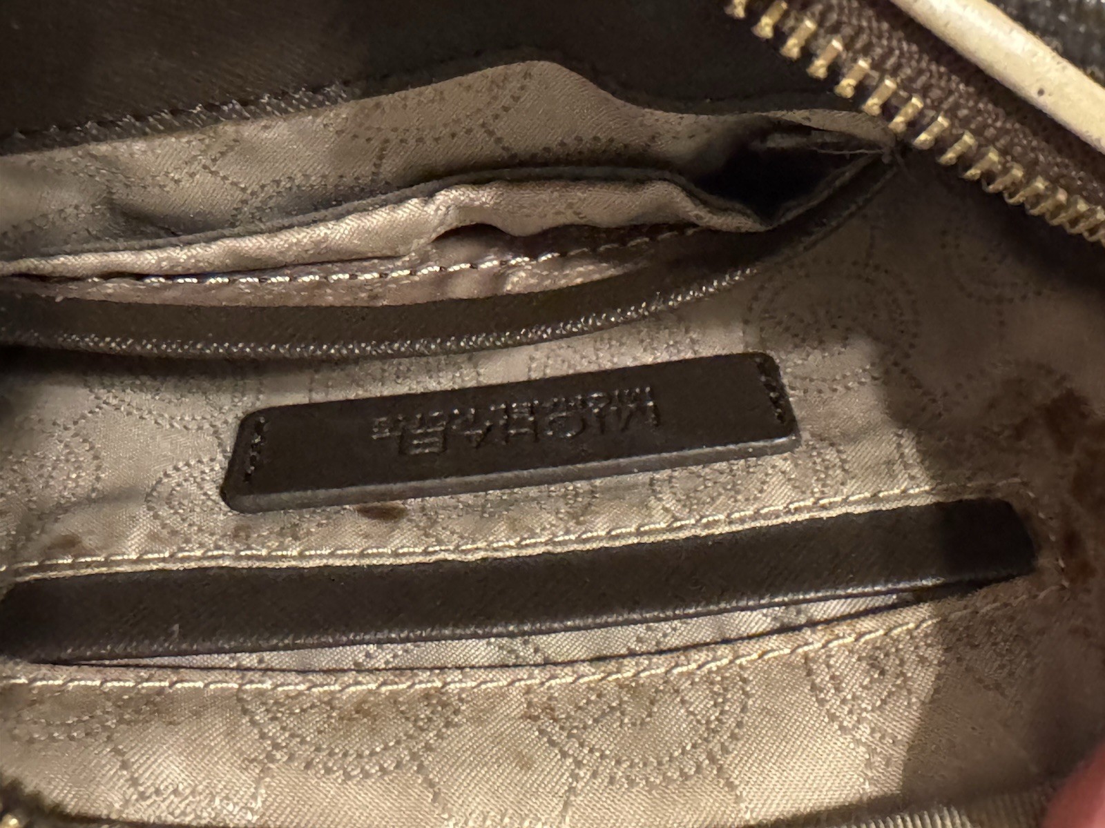 Michael Kors Brown/Beige Monogram Zip Crossbody Bag w/ Gold Chain Strap