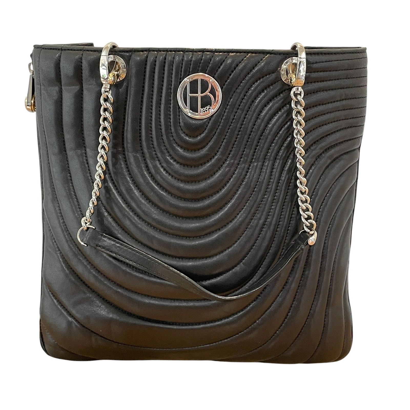 Henri Bendel Black Quilted Leather Tote Bag Silver Chain Strap Wave Pattern Luxe