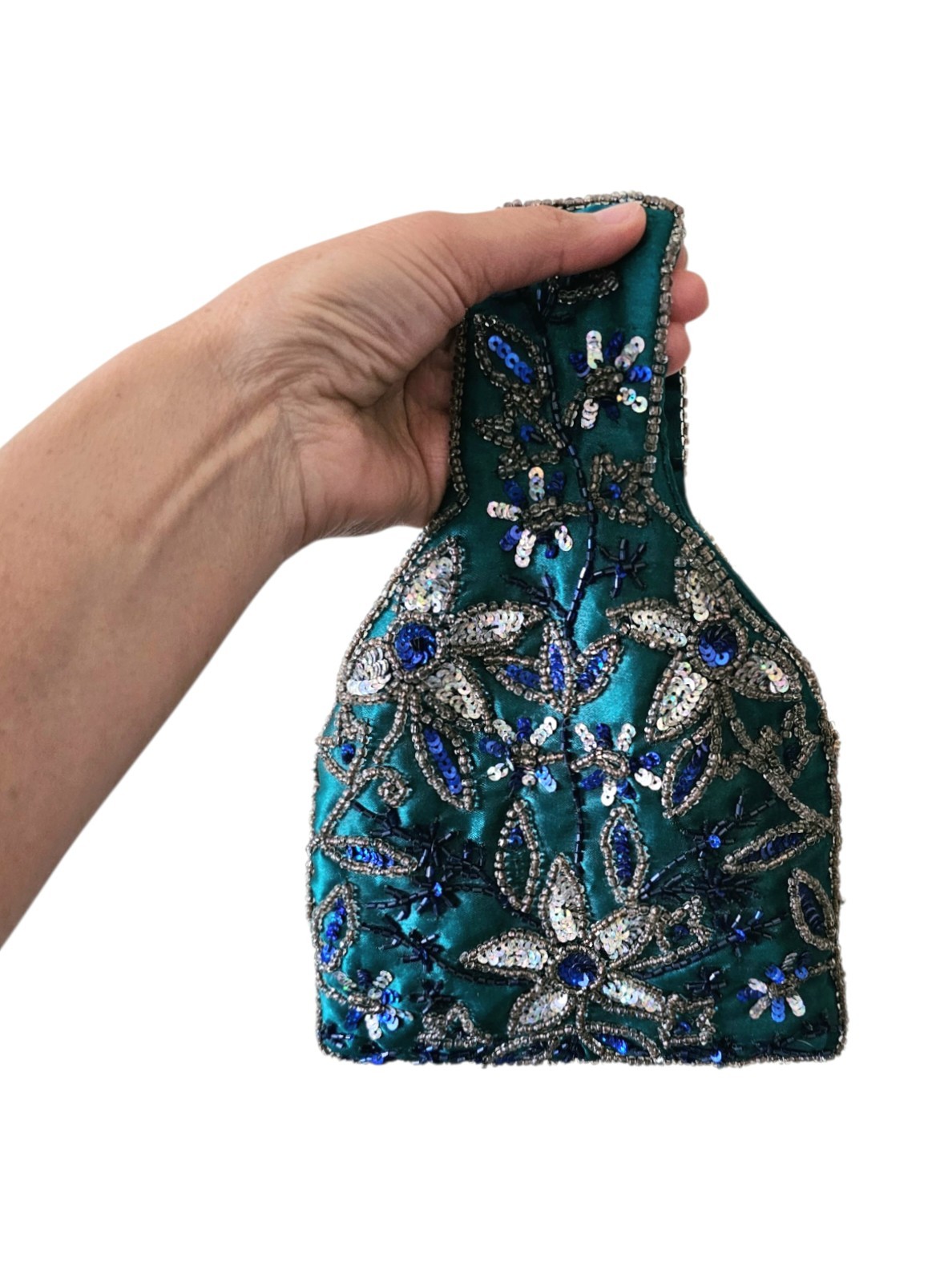 Vintage Teal Beaded Sequin Floral Small Rectangle Wristlet Clutch w/ Wrist Strap