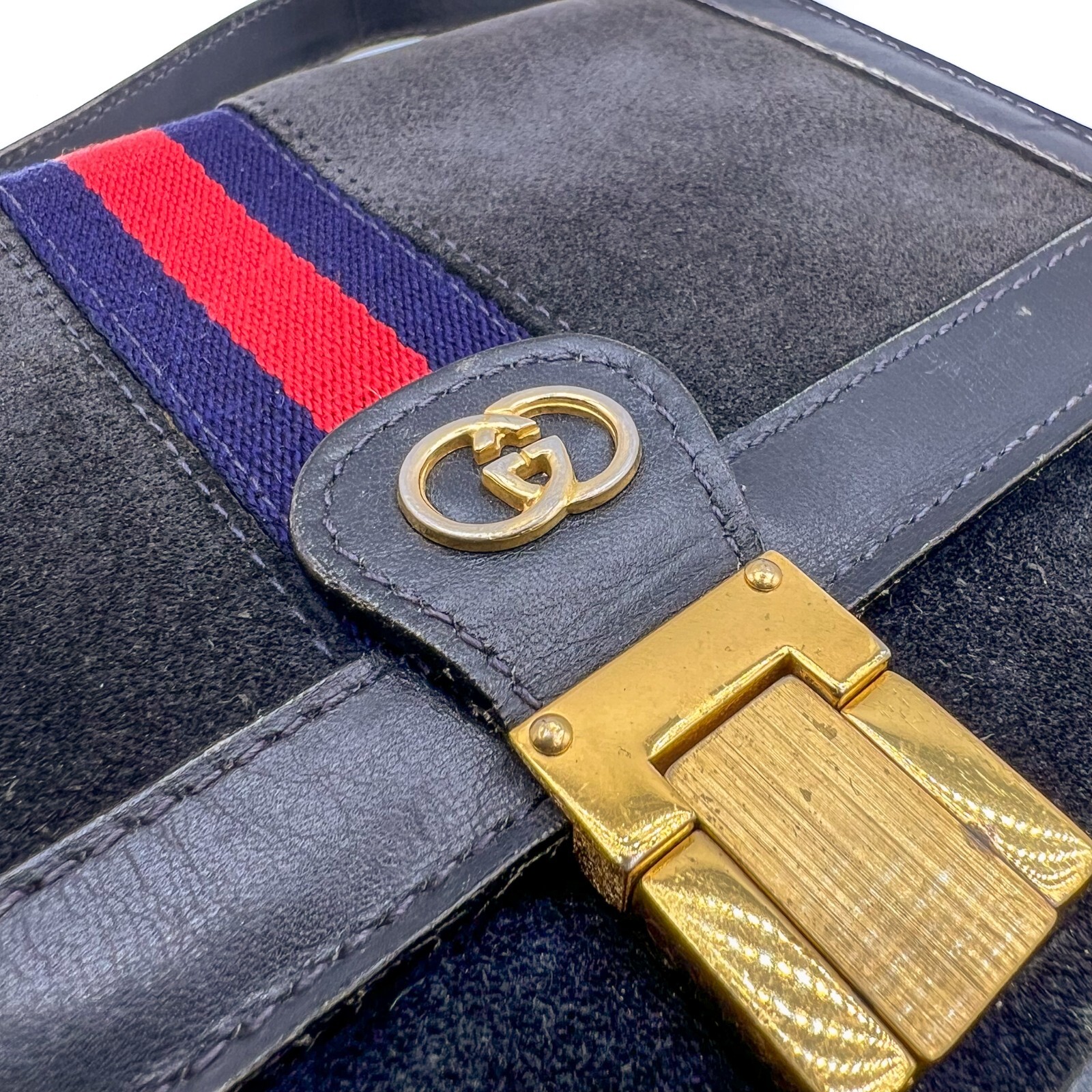 Vintage Gucci Sherry Line Suede Leather Shoulder Bag Navy Blue Authentic