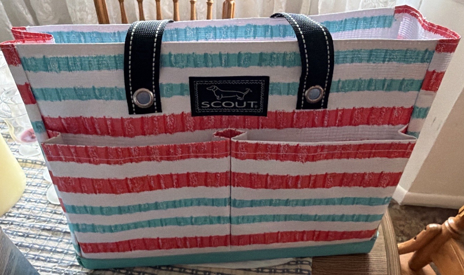 SCOUT Large Multicolor Striped Zip Tote Black Double Handles Inner Pockets Pouch