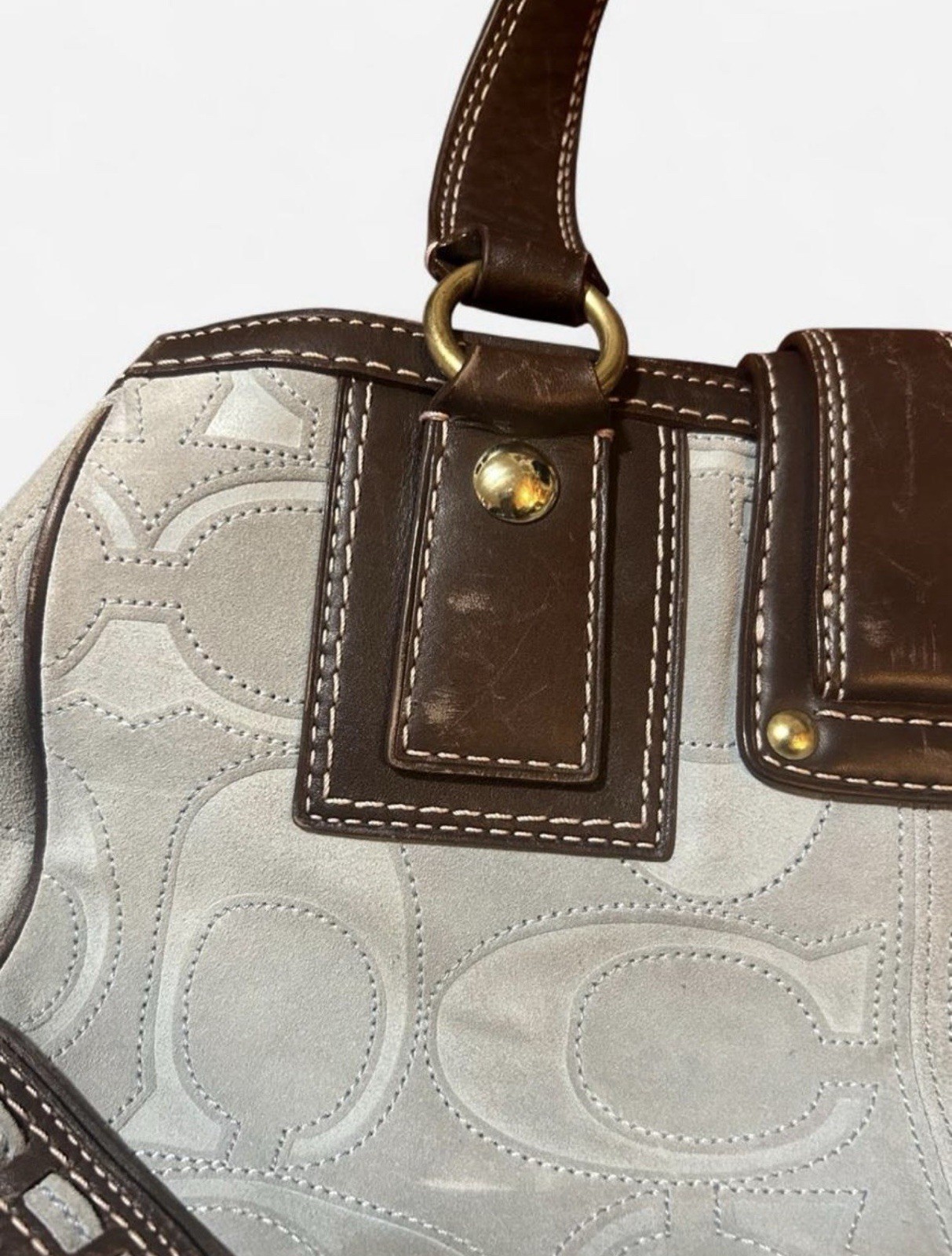 Y2K Coach Blue/Brown Suede Handbag, Gold Hardware, Zip, Buckle and Pocket