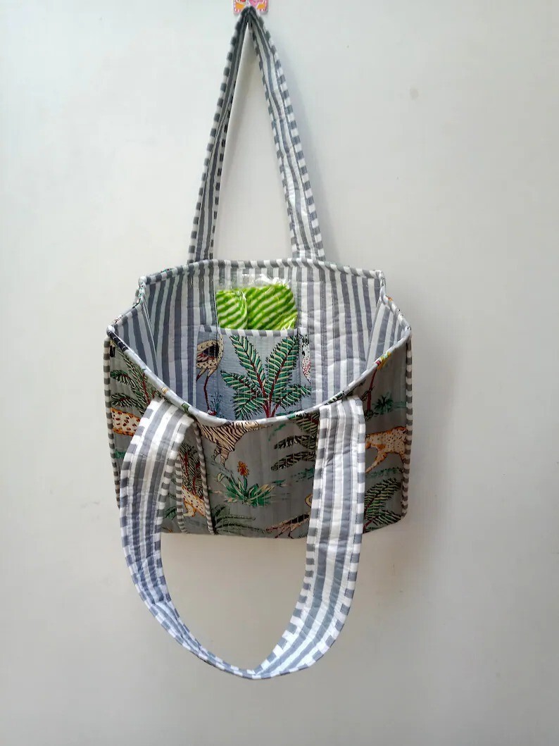 Indian Grey Tiger Printed Quilted Handbag Shoulder Bag Women’s Cotton Handbag US