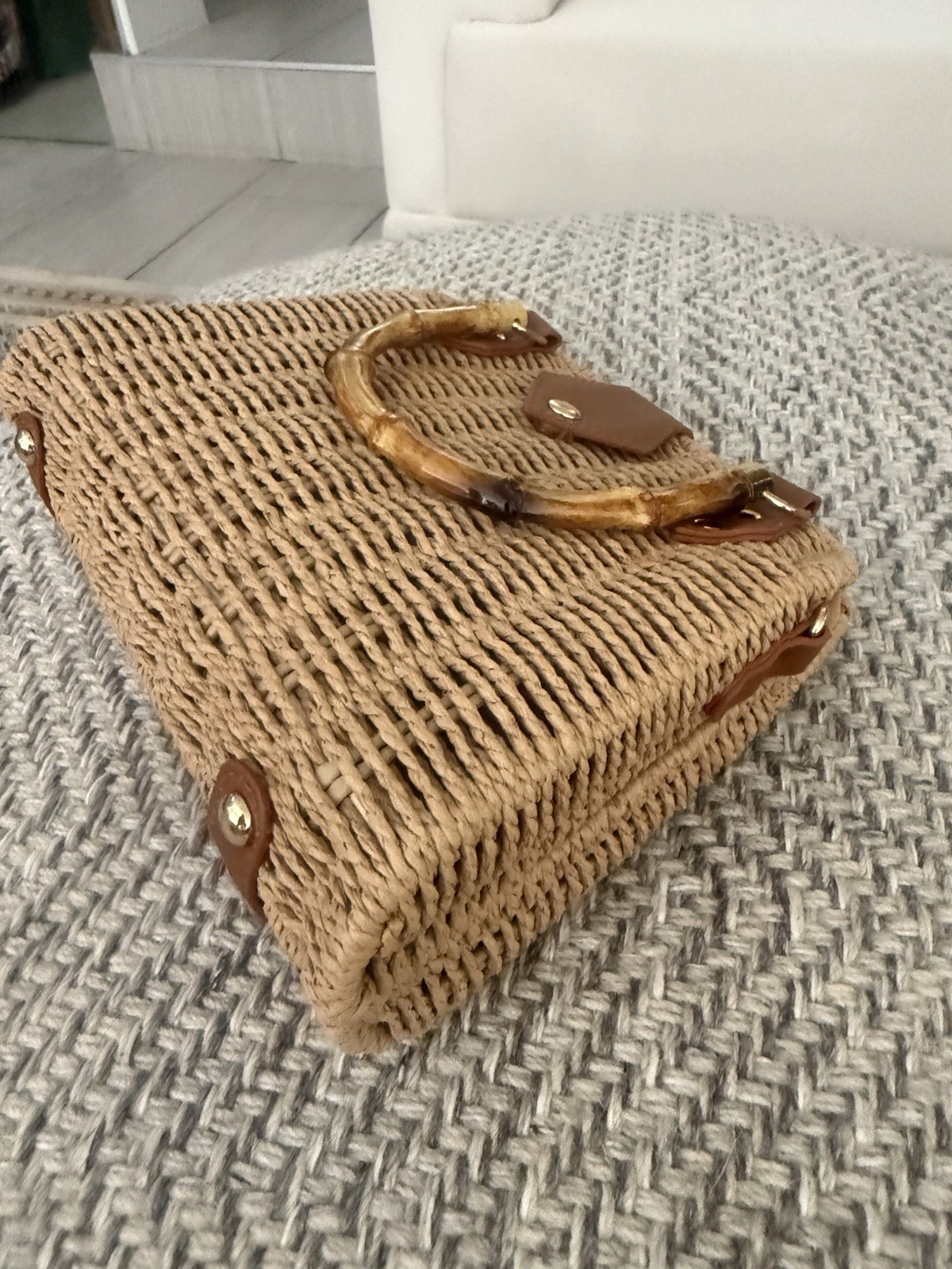 Woven Straw Top Handle Bag with Bamboo Handle, Snap Closure, Beige Brown, Lined