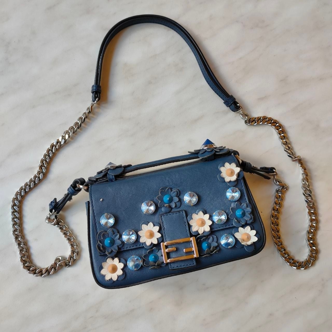 FENDI FLOWERLAND S/S 2016 Micro Double Baguette Blue Leather Crossbody Bag