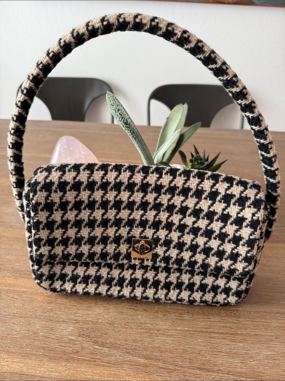 Anine Bing Nico Houndstooth Wool Blend Shoulder Bag Gold Turnlock Flap Purse