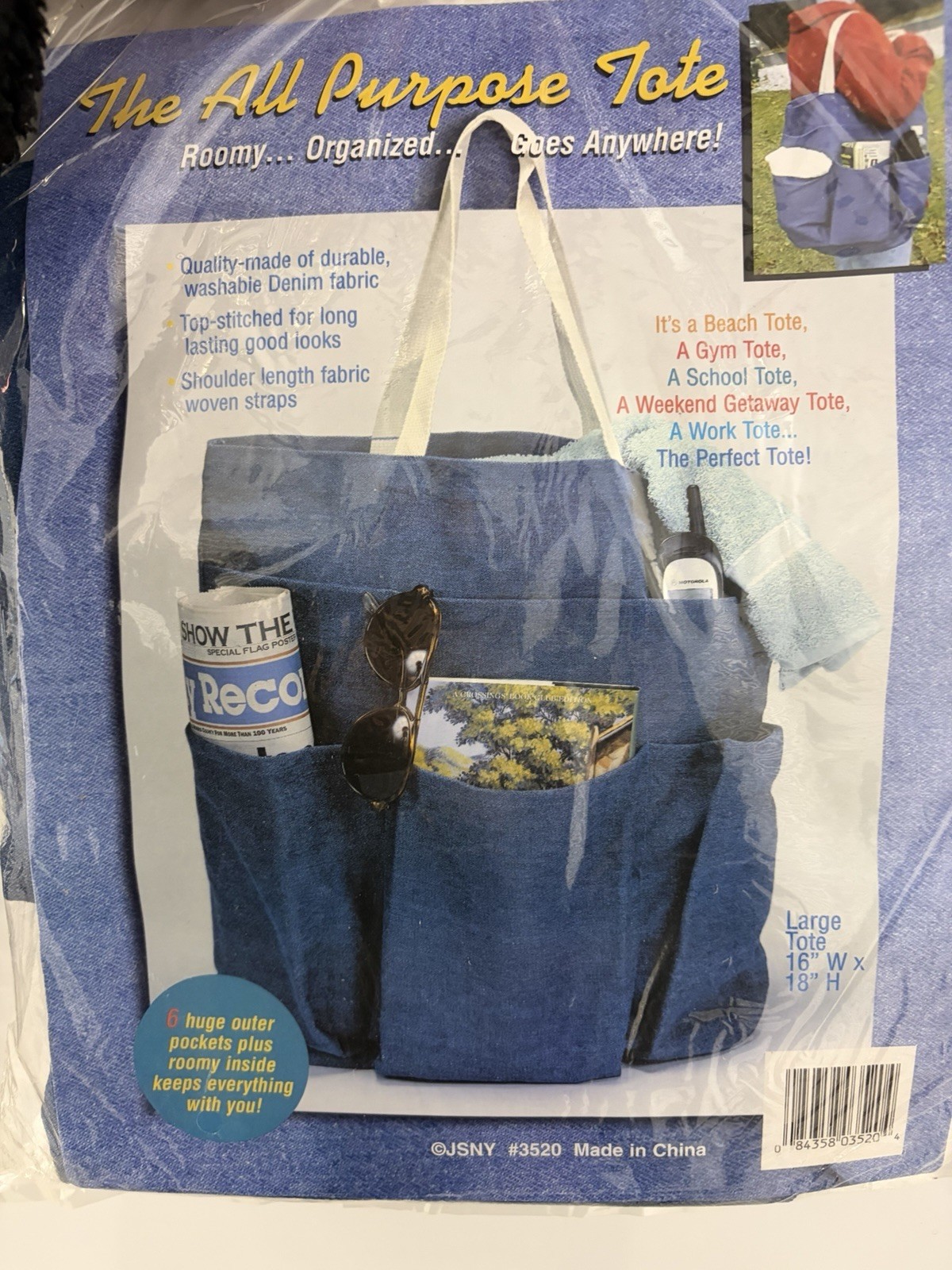 JSNY Large Blue Denim Tote Bag with 6 Outer Pockets, Shoulder Strap, Versatile