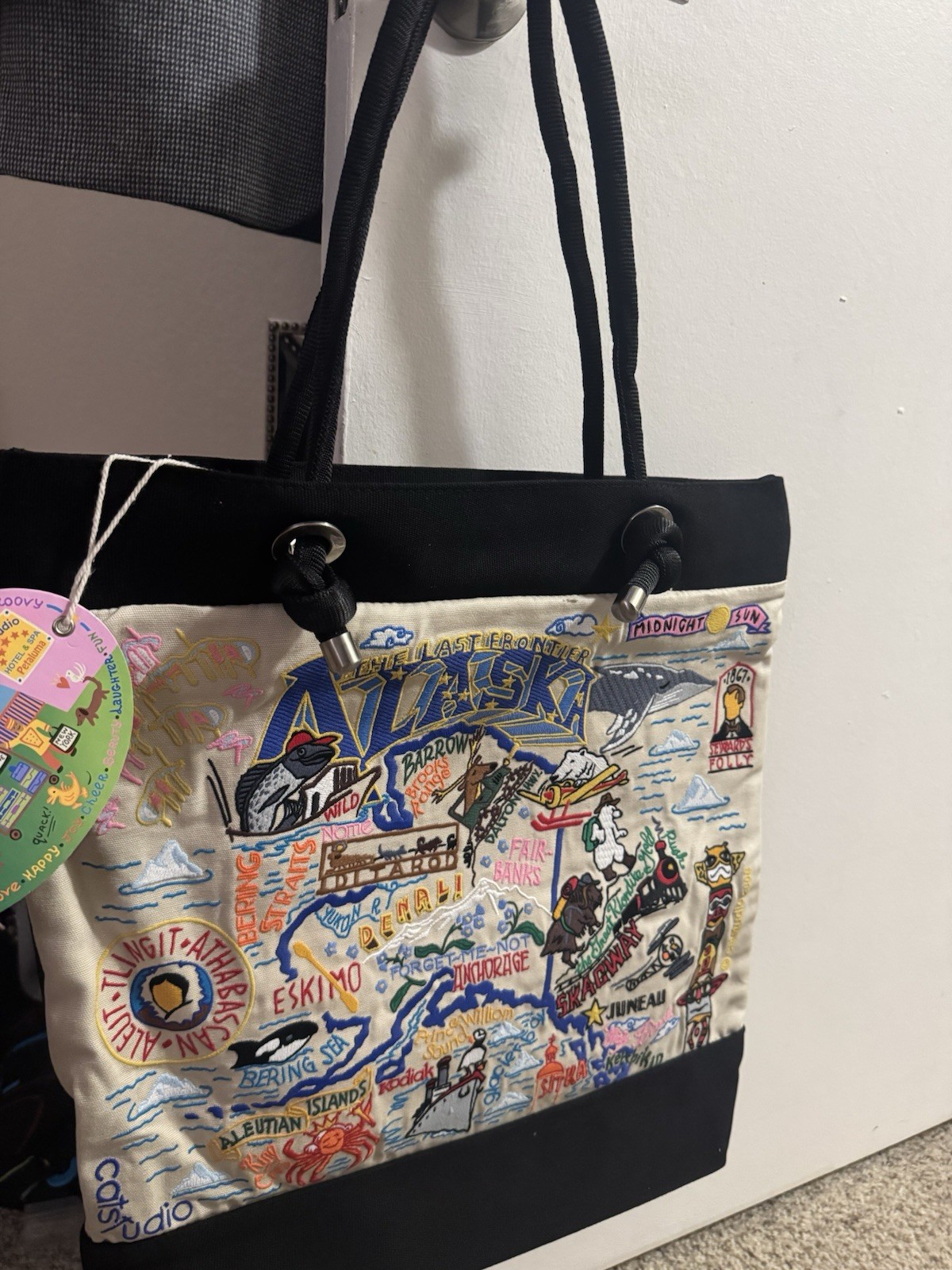 catstudio Alaska Embroidered Zip Tote Bag Black Beige Map Travel Women’s