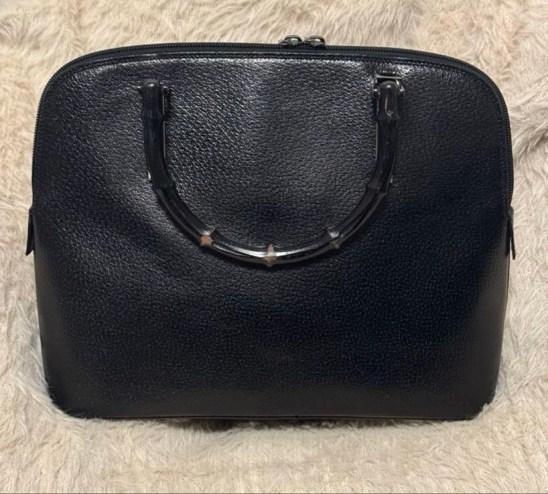 GUCCI Bamboo Leather Handbag Black Women Auth 10.23 x 12.79 x 3.93inch