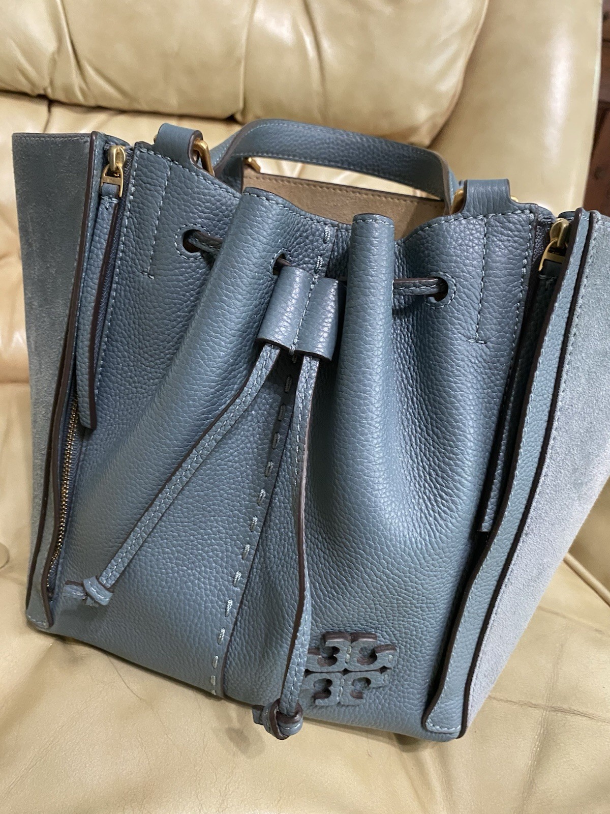 Tory Burch Dragonfly Leather Crossbody Bag Drawstring Suede McGraw Arctic Blue