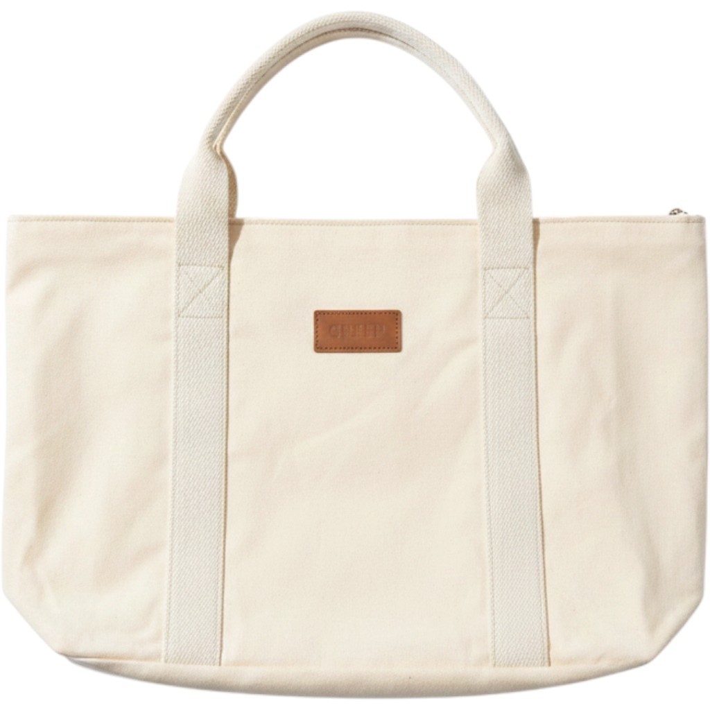 Greer Cream Canvas Tote Bag Large Zipper Top Shoulder Bag Off White Leather