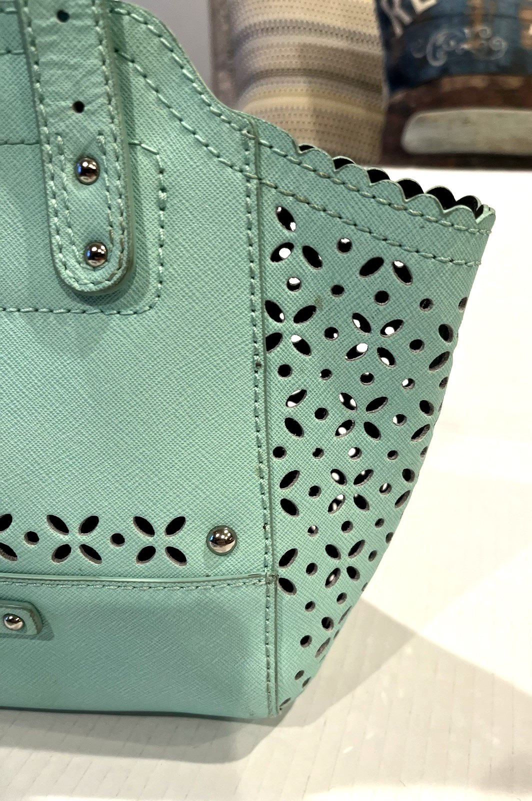 B. Makowsky Mint Green Purse Perforated Saffiano Mini Tessa Leather