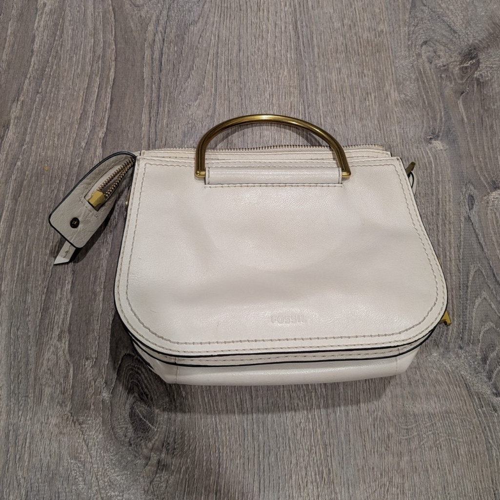Fossil Ryder White Leather Mini Satchel Grab Handbag Gold Ring Top Handle Purse