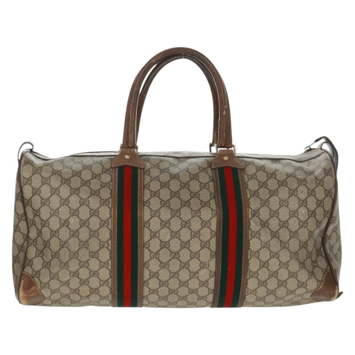 GUCCI GG Supreme Web Sherry Line Boston Bag PVC Beige Gold Auth 158687
