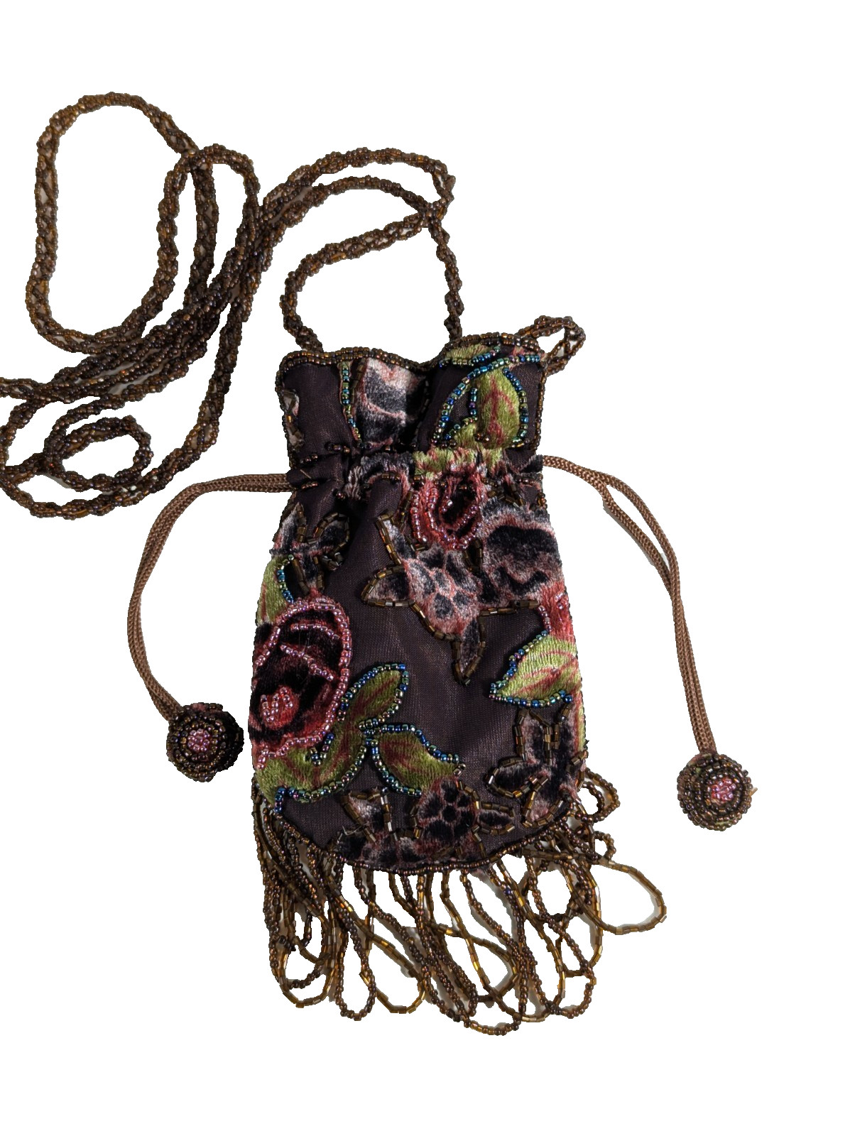Beaded Small Brown Velvet Bag trimmed in iridescent beads, perfect for ID Credit