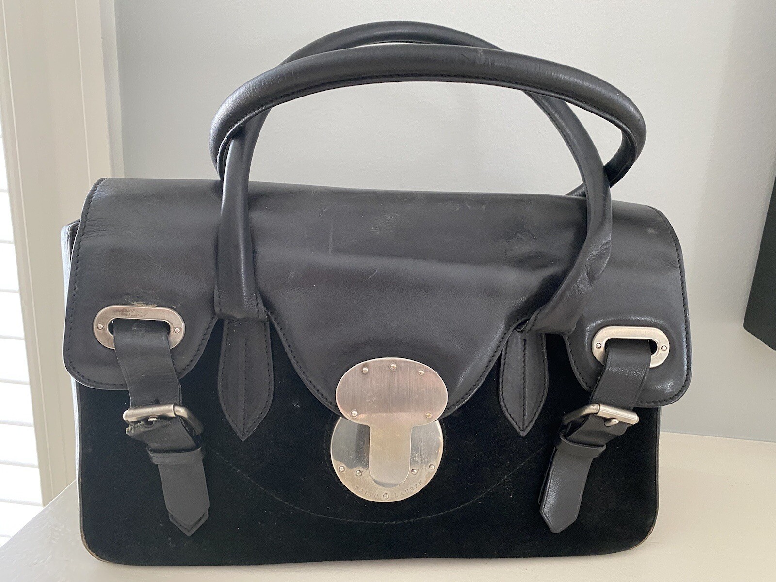 Vintage Ralph Lauren Black Ricky Leather Suede Handle Silver Tone Accents
