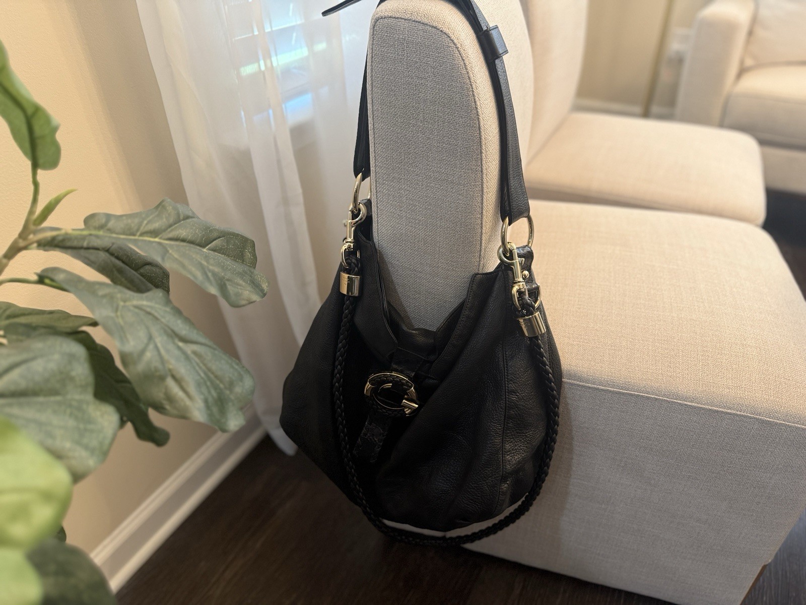 Gucci Black Pebbled Shoulder Bag Braided Strap Buckle Padlock Gold Hardware