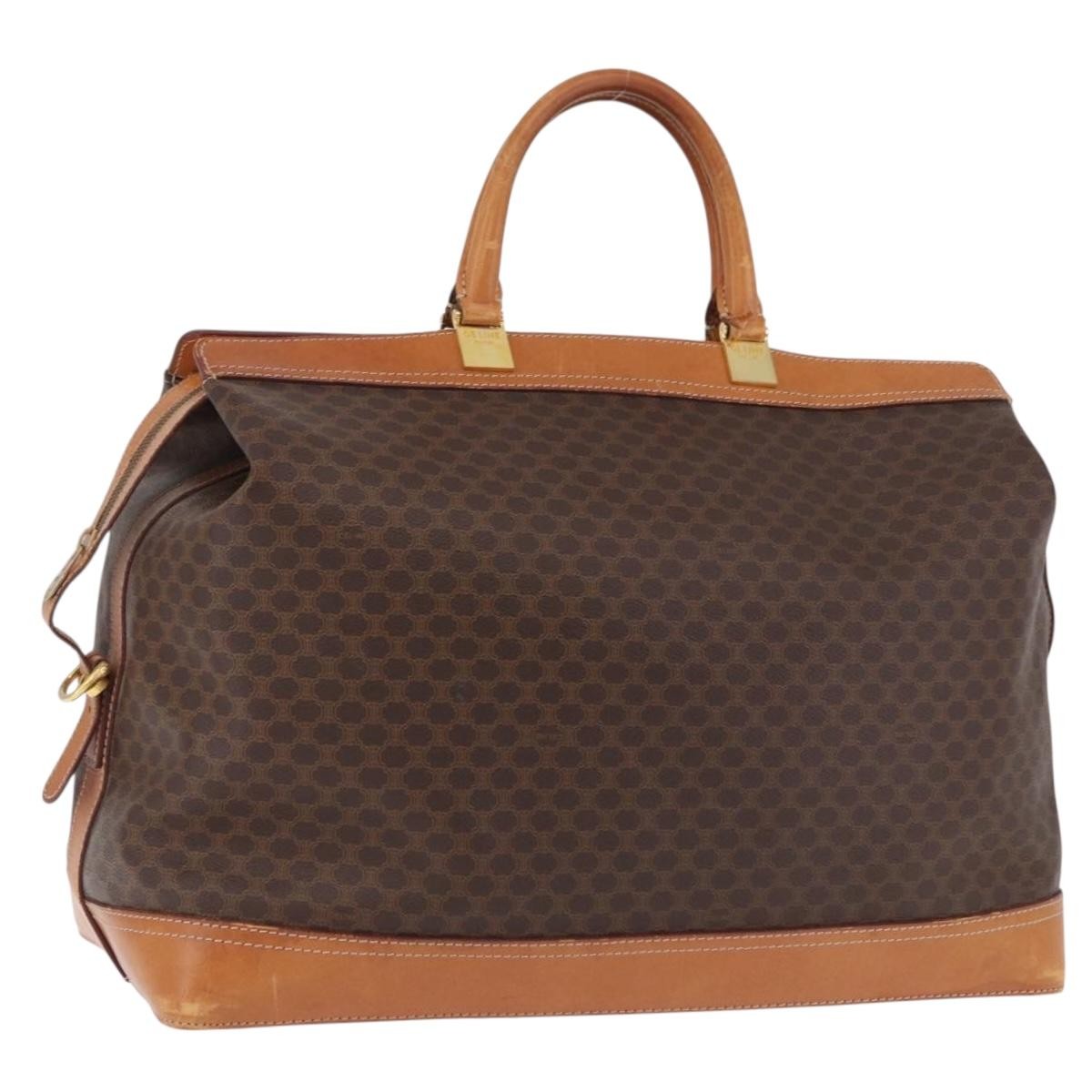 CELINE Macadam Canvas Boston Bag PVC Leather Brown Gold Auth bs36062