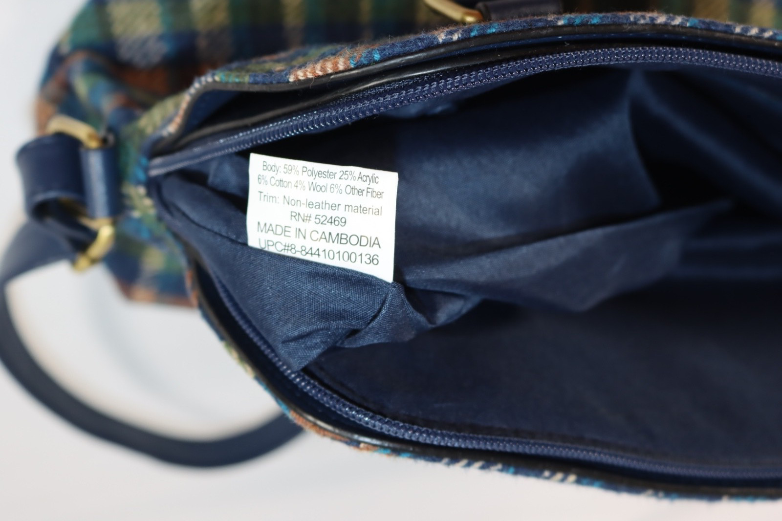 Vintage Tweed Wool Purse Navy Blue, GreenPlaid Hand Bag/Shoulder Bag w/Scarf NEW