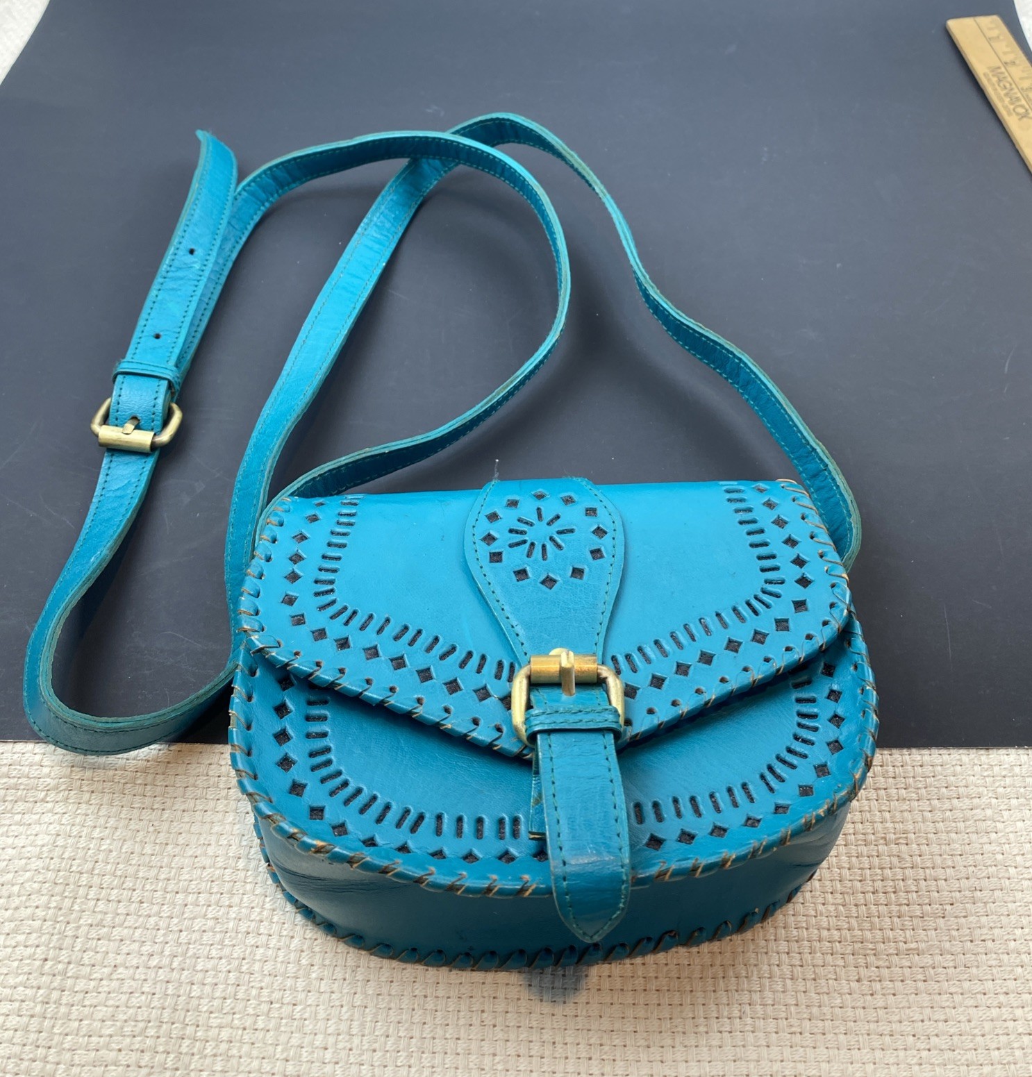 Cleobella Crossbody Purse HAND MADE In Bali TEAL Leather Mexicana Southwest READ