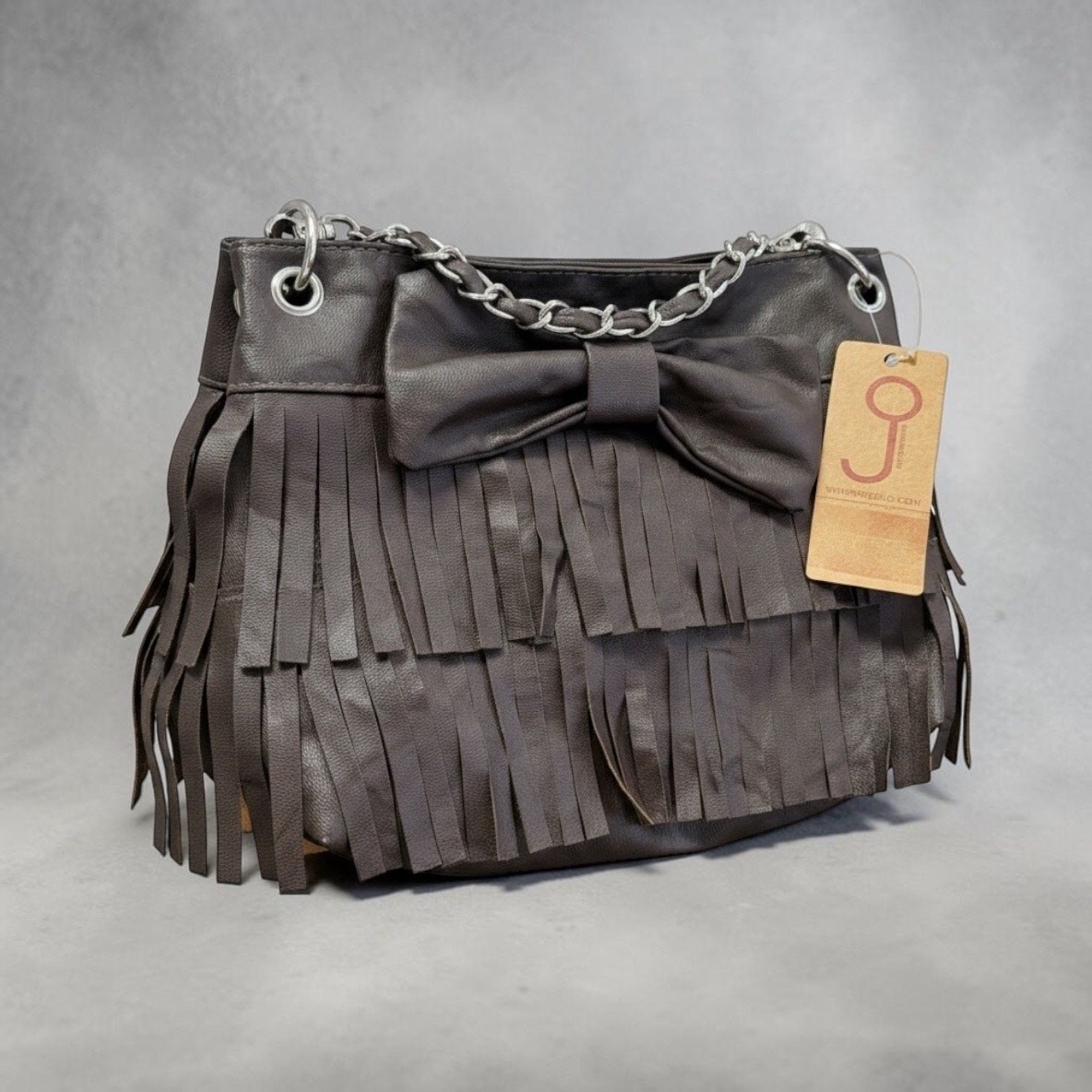 NWT Meigallo Complementos Imported from Spain Vegan Leather Fringe Bow Crossbody