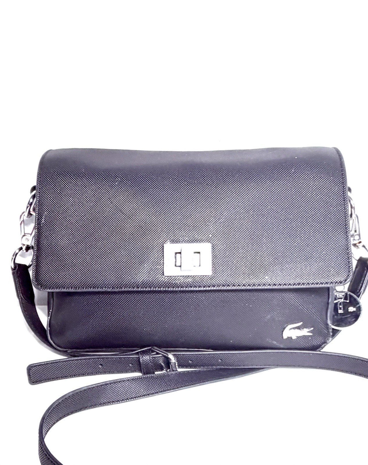 Lacoste Black Crossbody Bag Silver Hardware Zip/Snap Charm Adjustable Strap