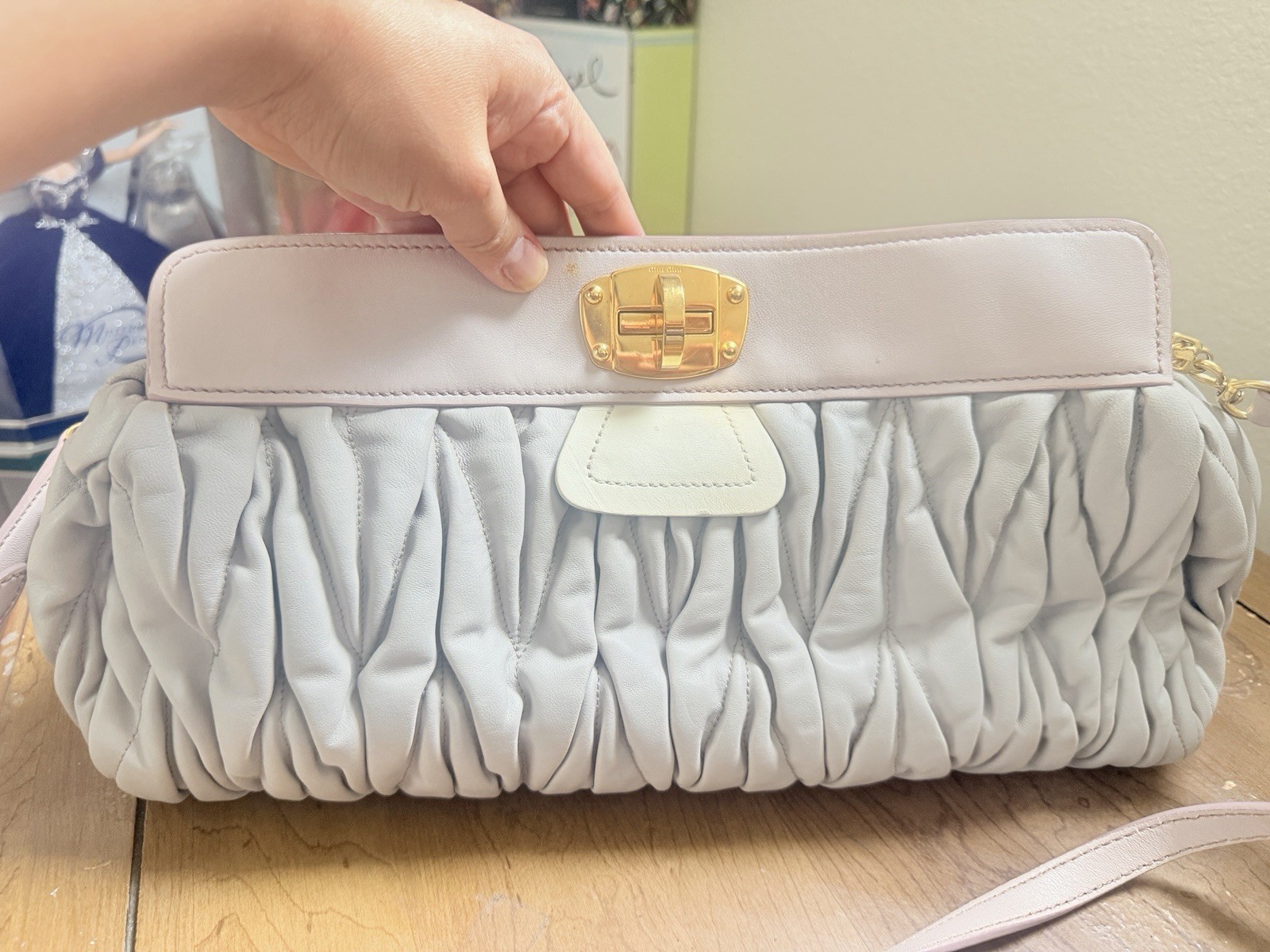 Miu Miu Pleated Gray Beige Shoulder Bag Gold Hardware Detachable Strap