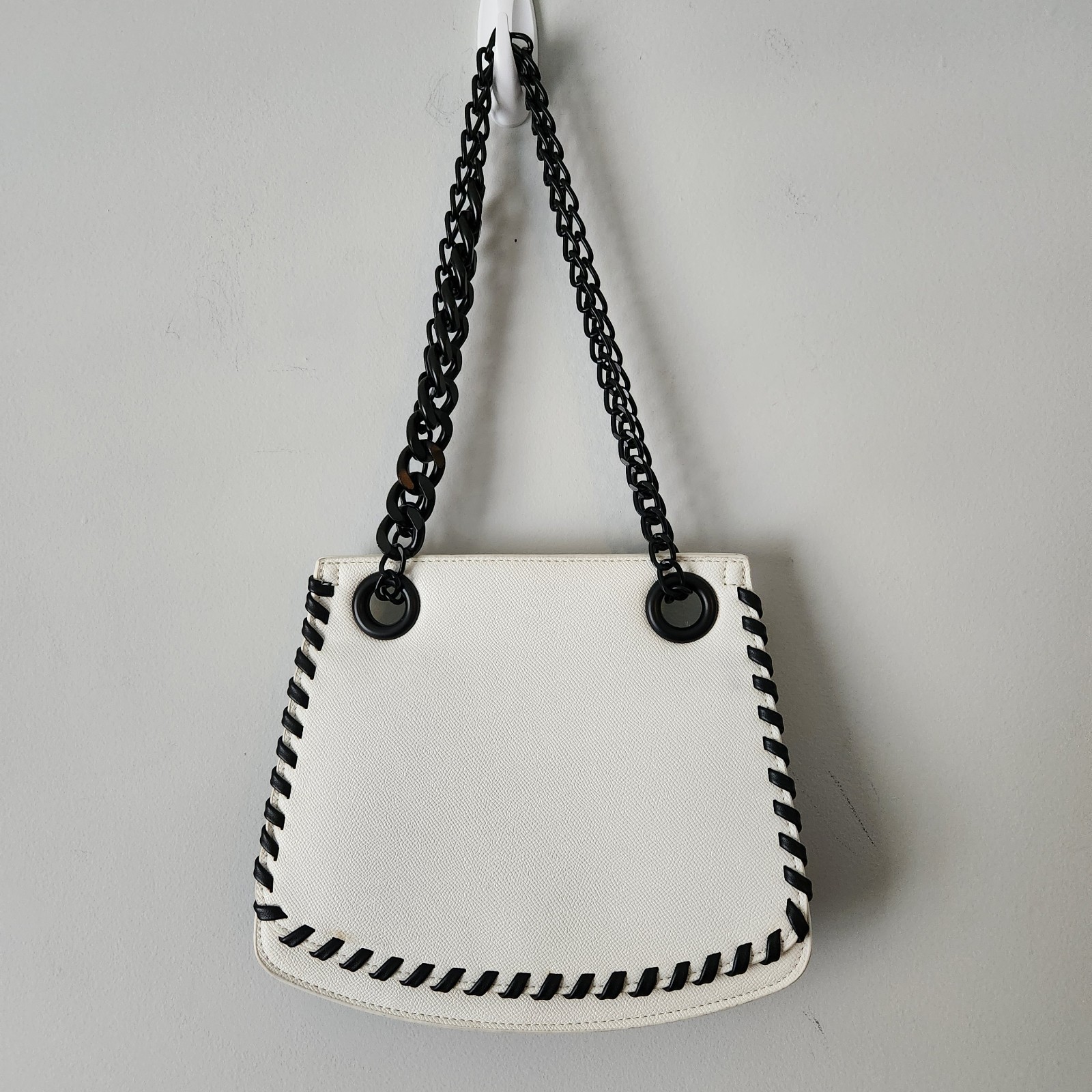 Betsey Johnson White Pebbled Leather Shoulder Bag Small Black Whipstitch