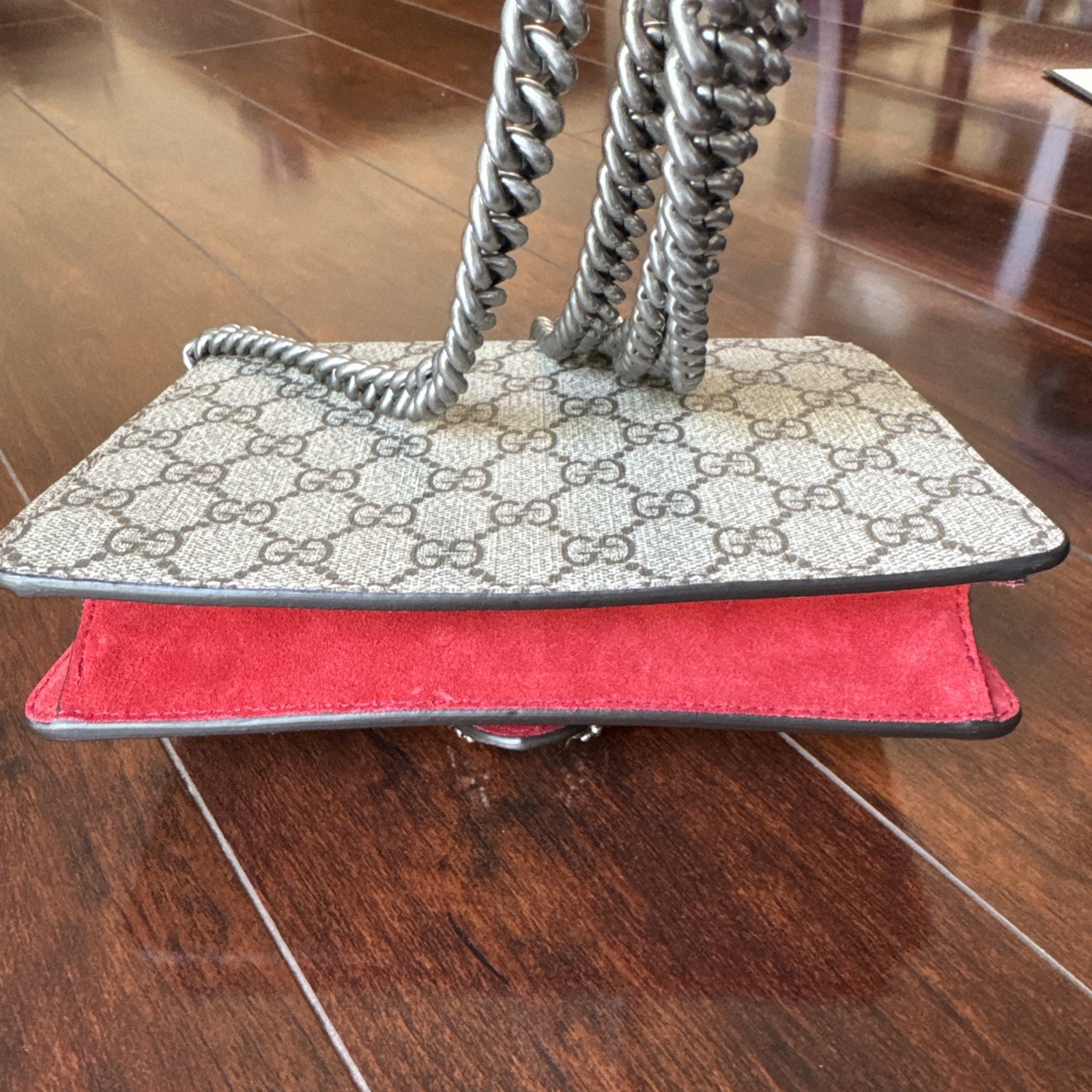Gucci Dionysus Small GG Supreme Chain Bag Beige Canvas Red Suede Silver Hardware