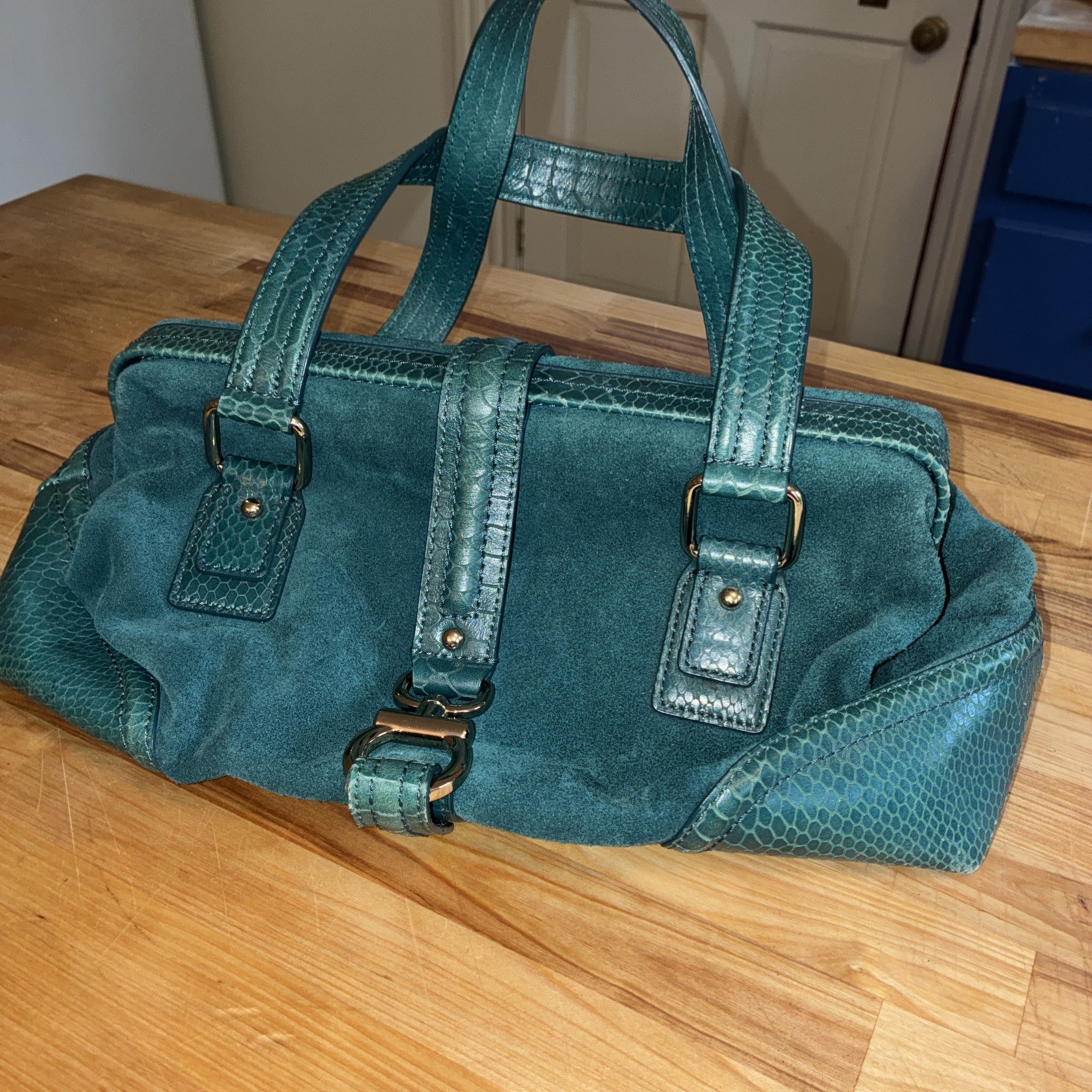 Talbots Teal Satchel Top Handle Bag Buckle Accent Inner Pockets Bottom Studs