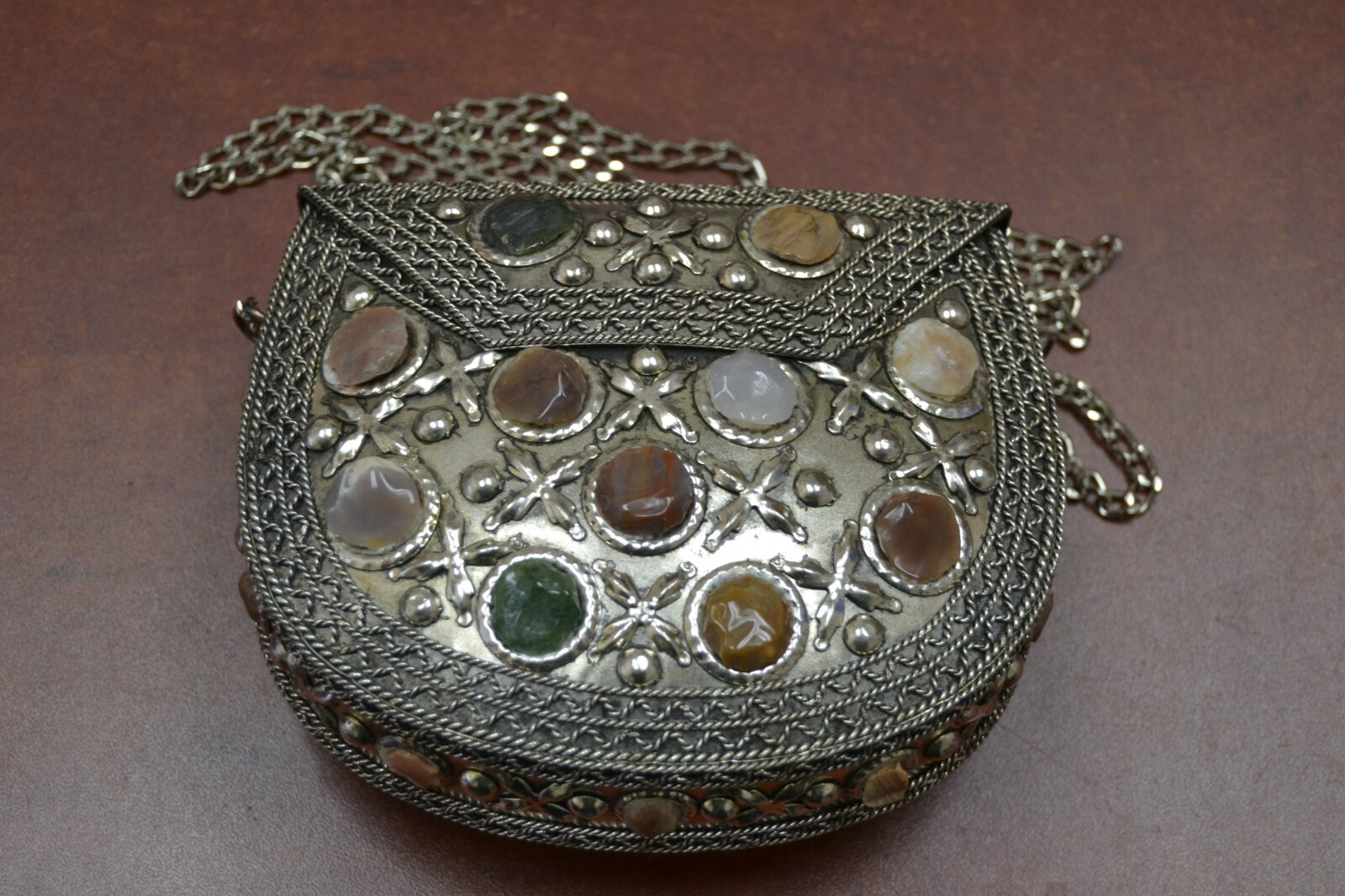 HANDMADE GEMSTONE CLUTCH VINTAGE BRASS METAL PURSE