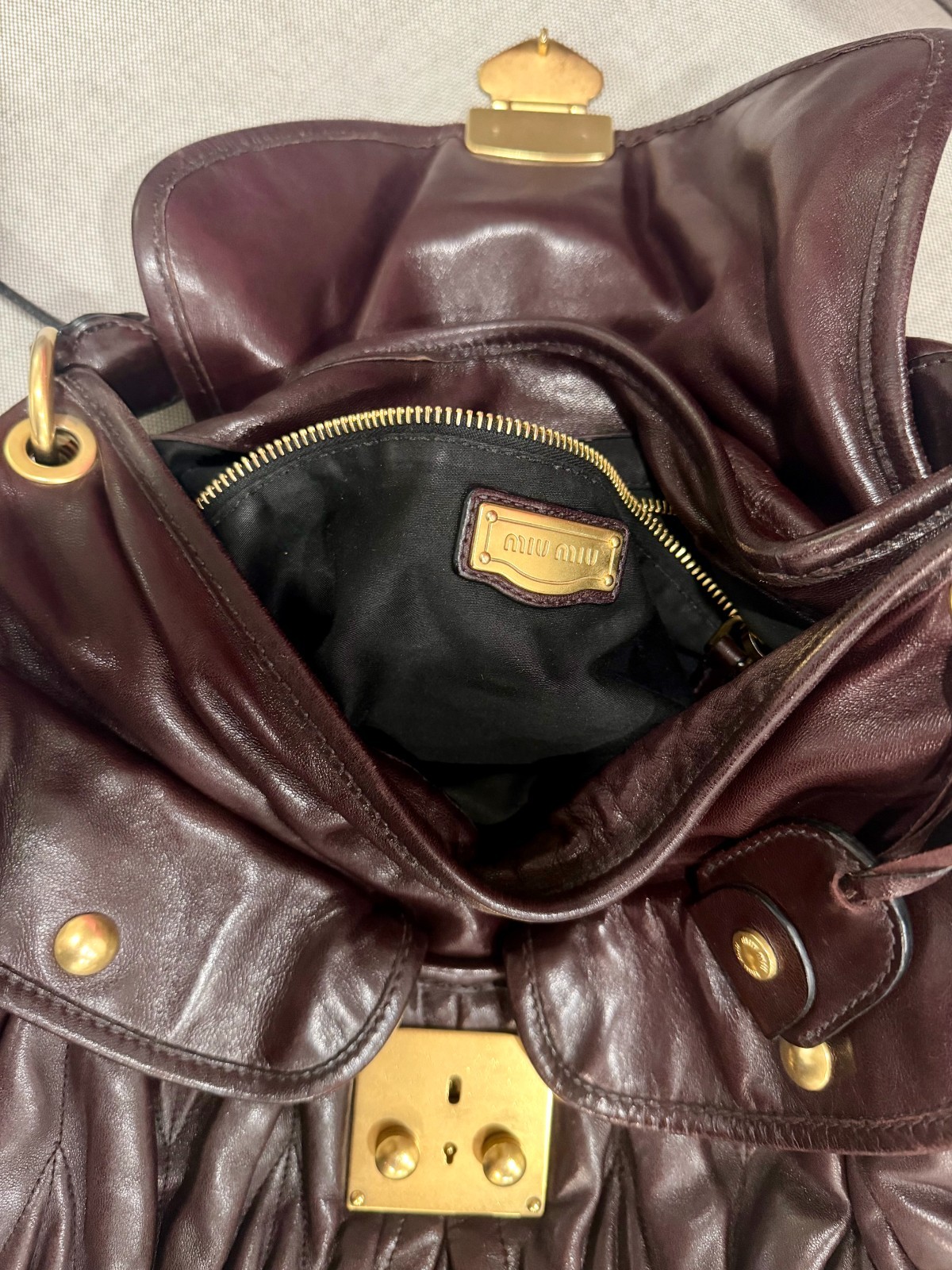Miu Miu Brown Matelasse Shoulder Bag Top Handle Gold Hardware Push Lock Medium