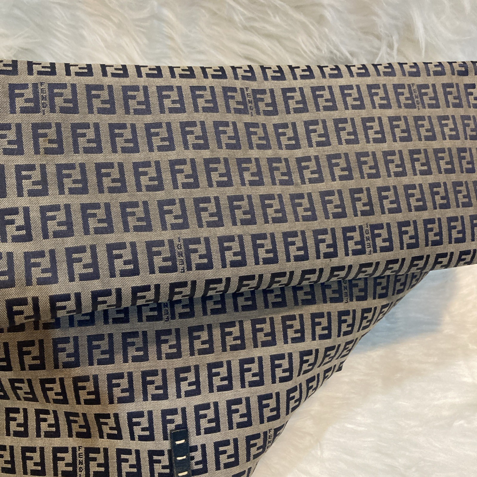 FENDI Zucchino FF Monogram Large Tote Bag Navy Canvas Leather 49cm Vintage