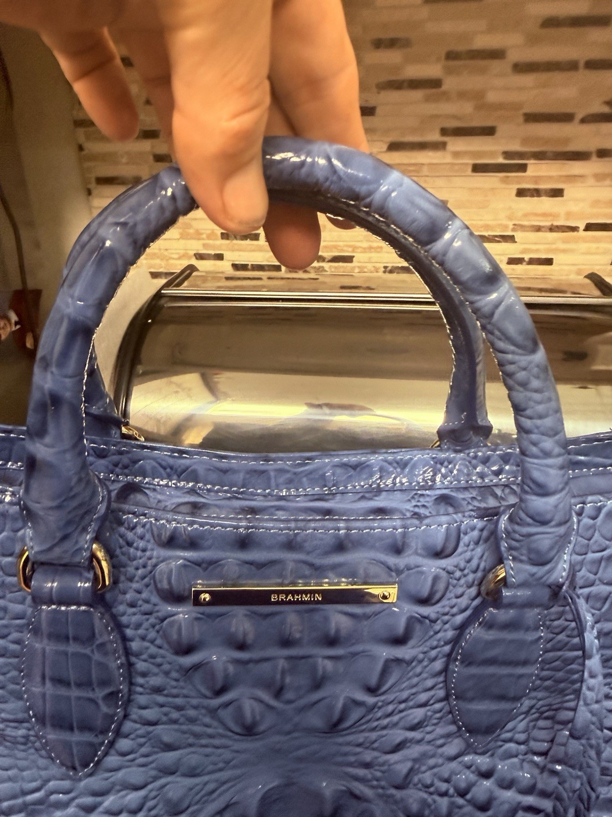 Brahmin Small Lena Satchel Croc Iris Blue Leather Shoulder Handbag Vtg Unused