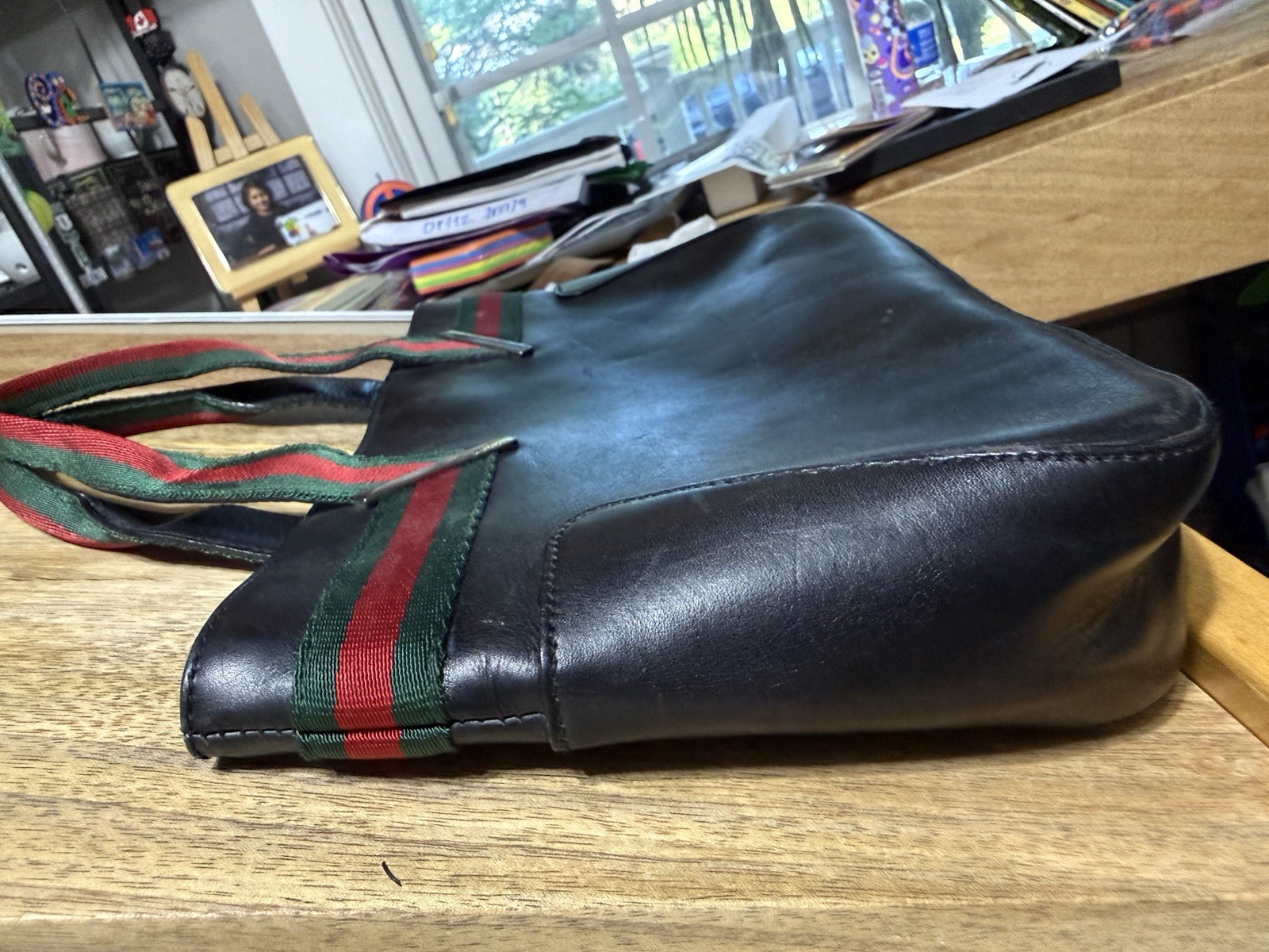 Gucci Black Tote Web Stripe Top Handle Zip, Inner Pockets, Silver HW