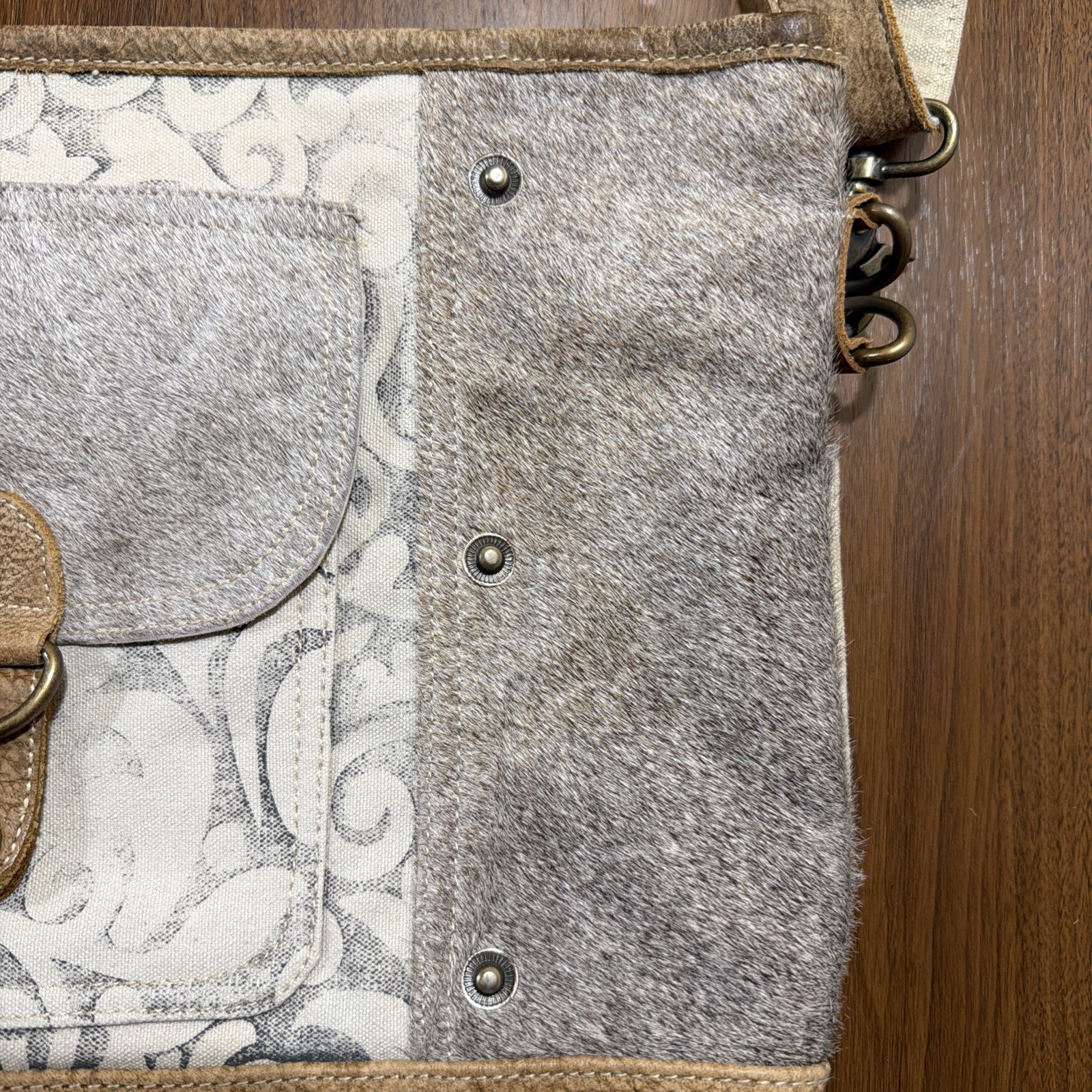 Myra Bag Upcycled Canvas & Cowhide/Fur Shoulder Messenger Bag Purse Long Strap