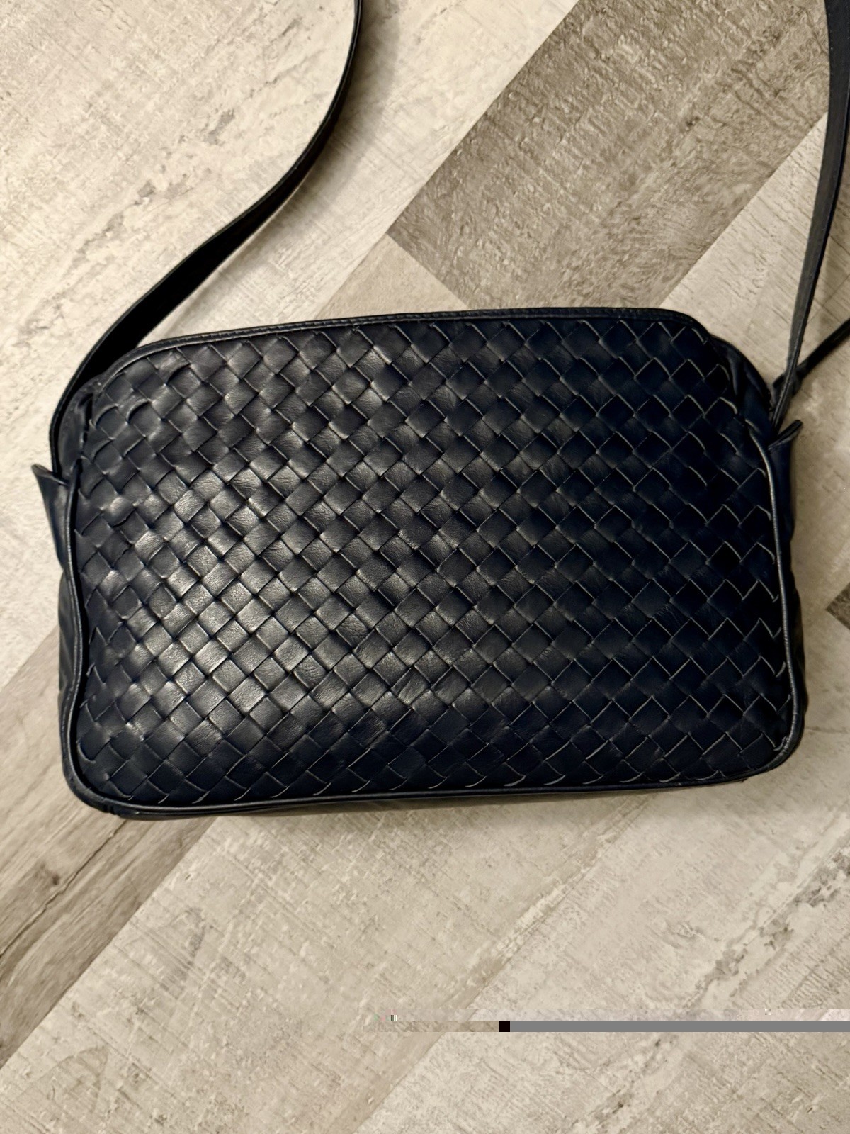 Vintage Aspects Woven Leather Crossbody Camera Bag – Navy Blue Intrecciato Style