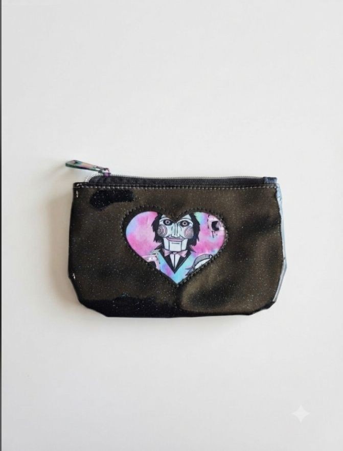 Black Glossy Vinyl Pouch w/ blue glitter & Colorful Heart-Shaped Puppet Design